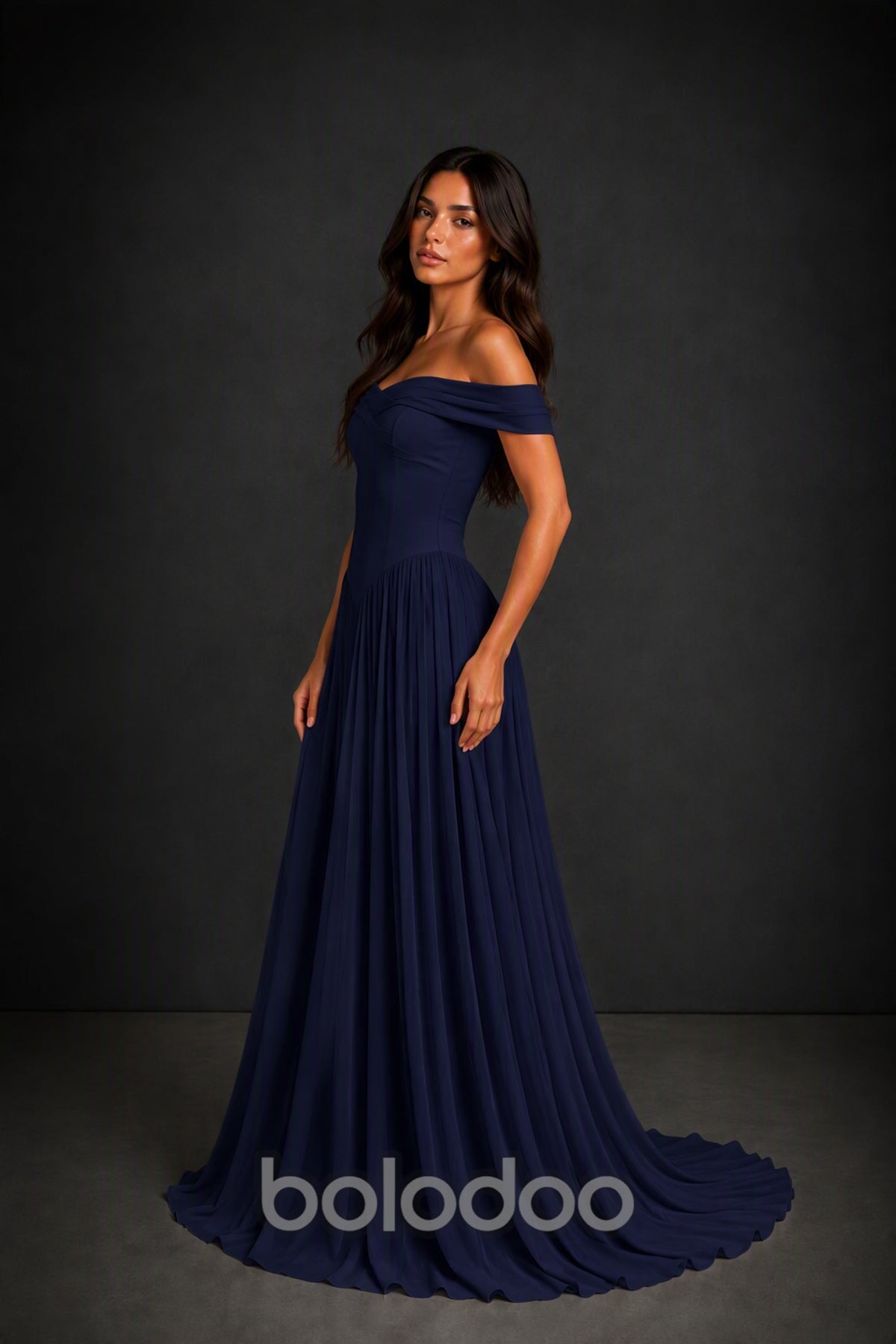 BOLODOO Navy Blue Off-Shoulder Sweetheart Corset Pleated Chiffon Maxi Dress - Navy Blue | BOLODOO watermark