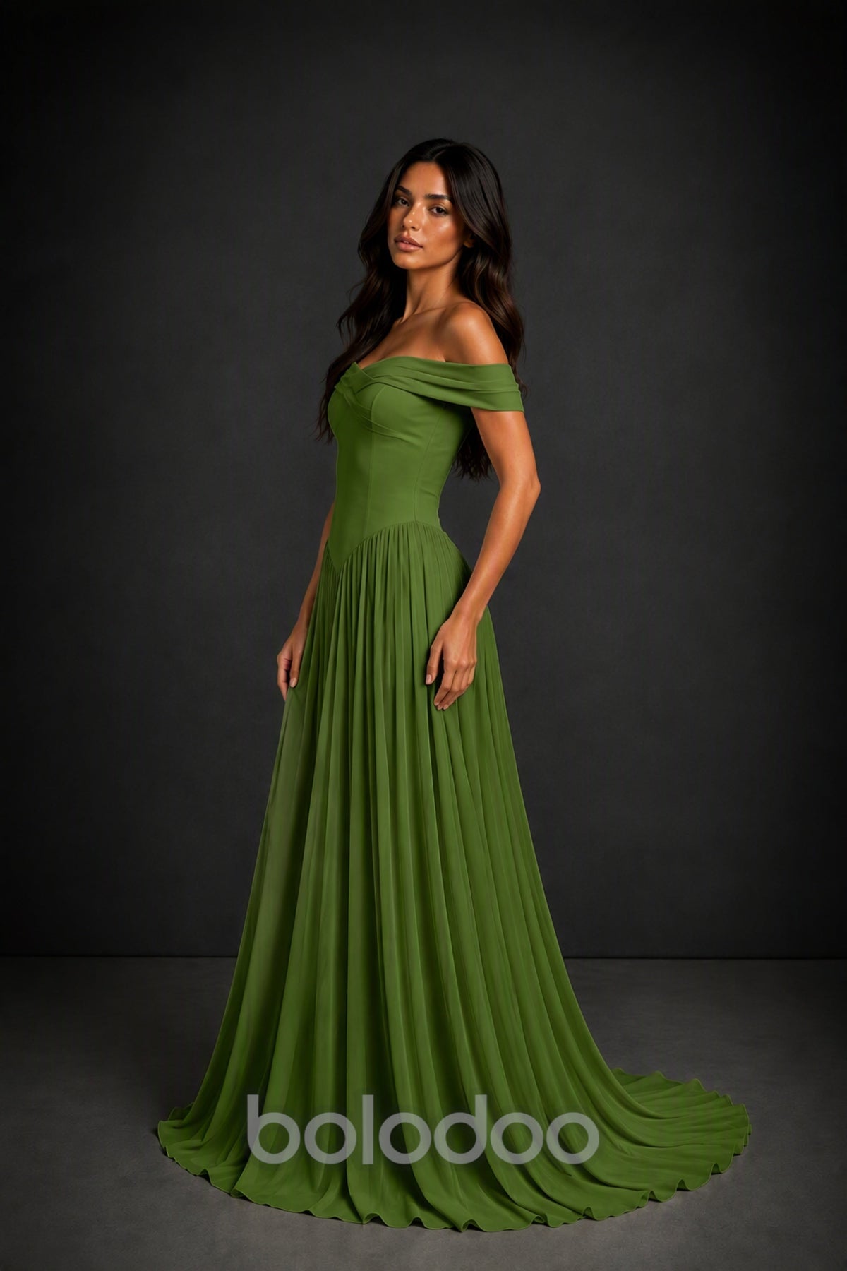 BOLODOO Olive Green Off-Shoulder Sweetheart Corset Pleated Chiffon Maxi Dress - Olive Green | BOLODOO watermark
