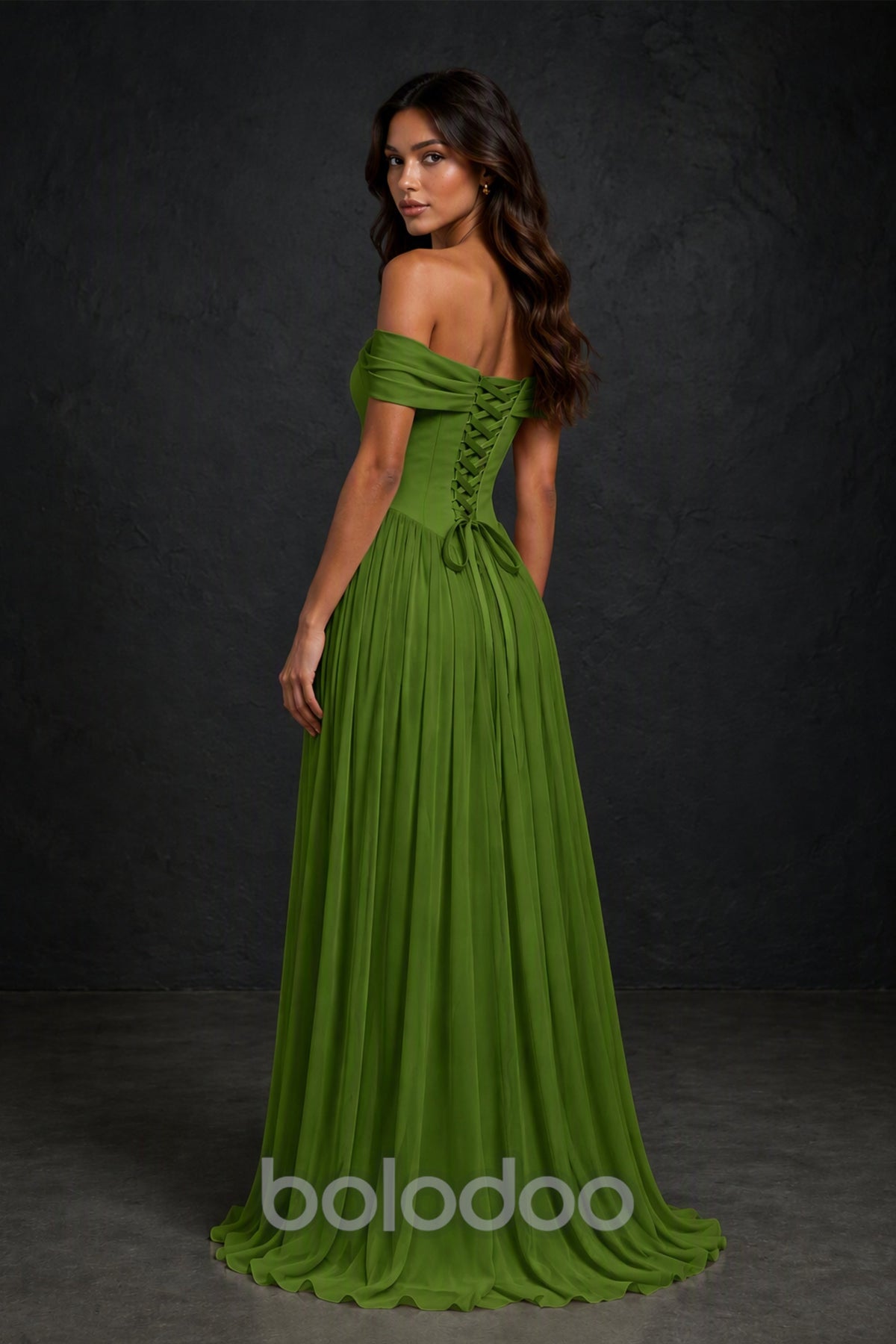 BOLODOO Olive Green Off-Shoulder Sweetheart Corset Pleated Chiffon Maxi Dress - Olive Green | BOLODOO watermark