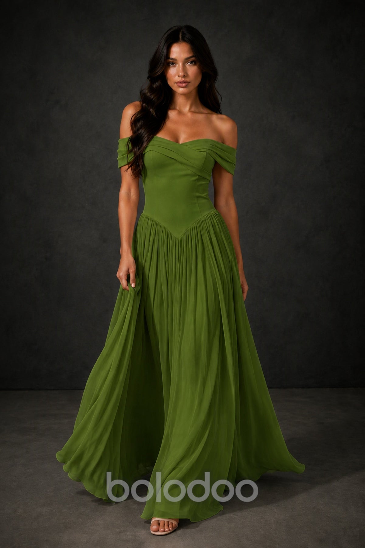 BOLODOO Olive Green Off-Shoulder Sweetheart Corset Pleated Chiffon Maxi Dress - Olive Green | BOLODOO watermark