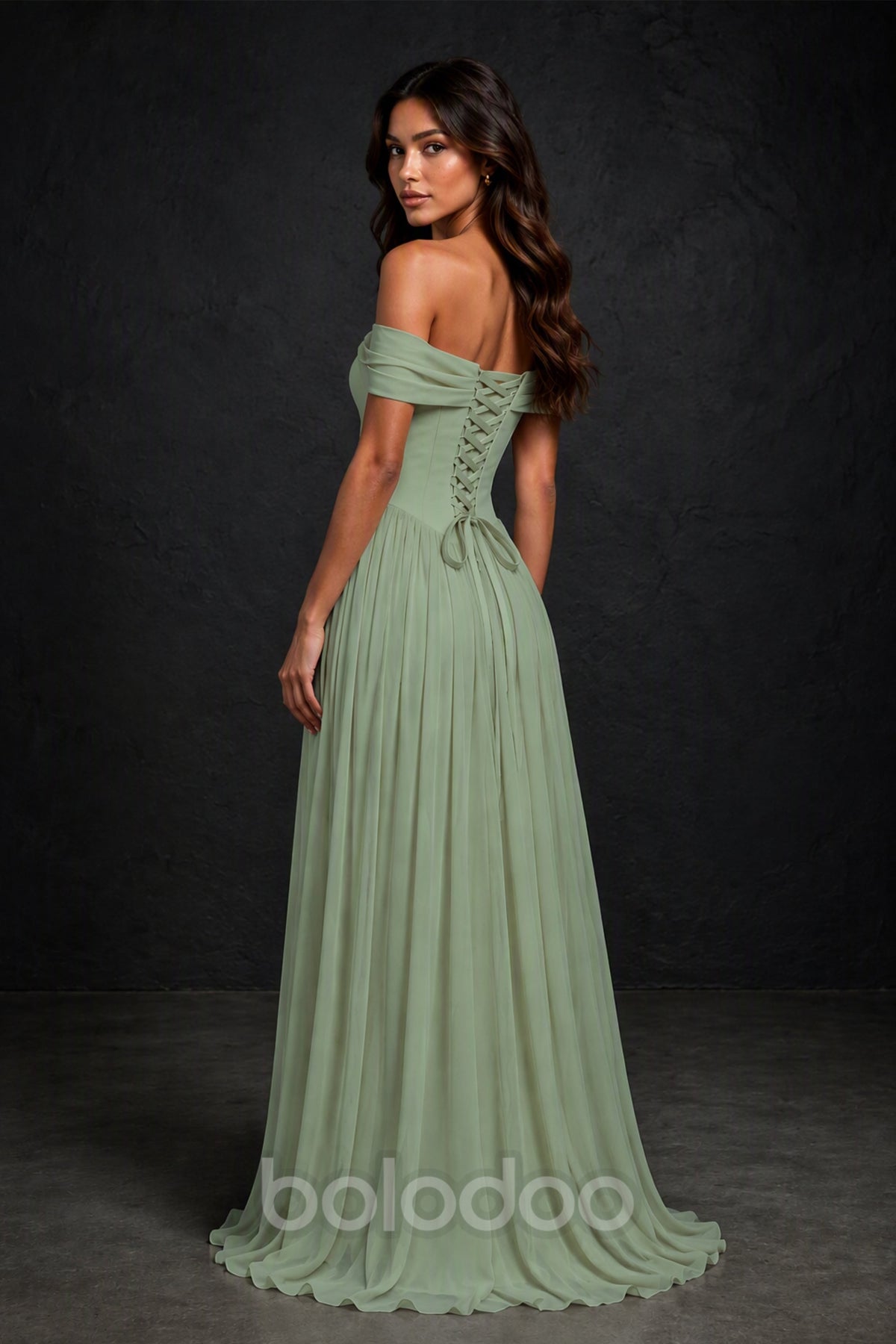 BOLODOO Sage Green Off-Shoulder Sweetheart Corset Pleated Chiffon Maxi Dress - Sage Green | BOLODOO watermark