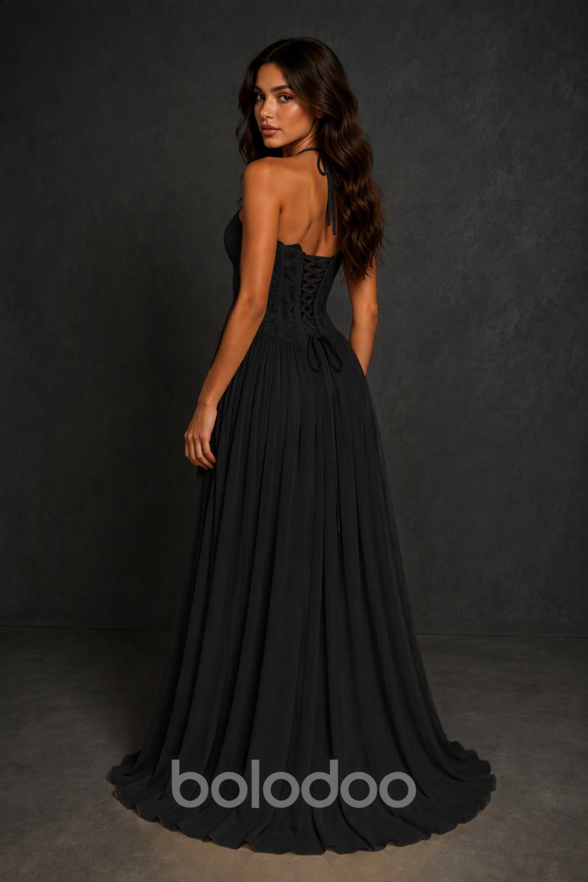 BOLODOO Black Lace Corset Halter Maxi Gown – Backless A-Line Formal Dress  | BOLODOO watermark