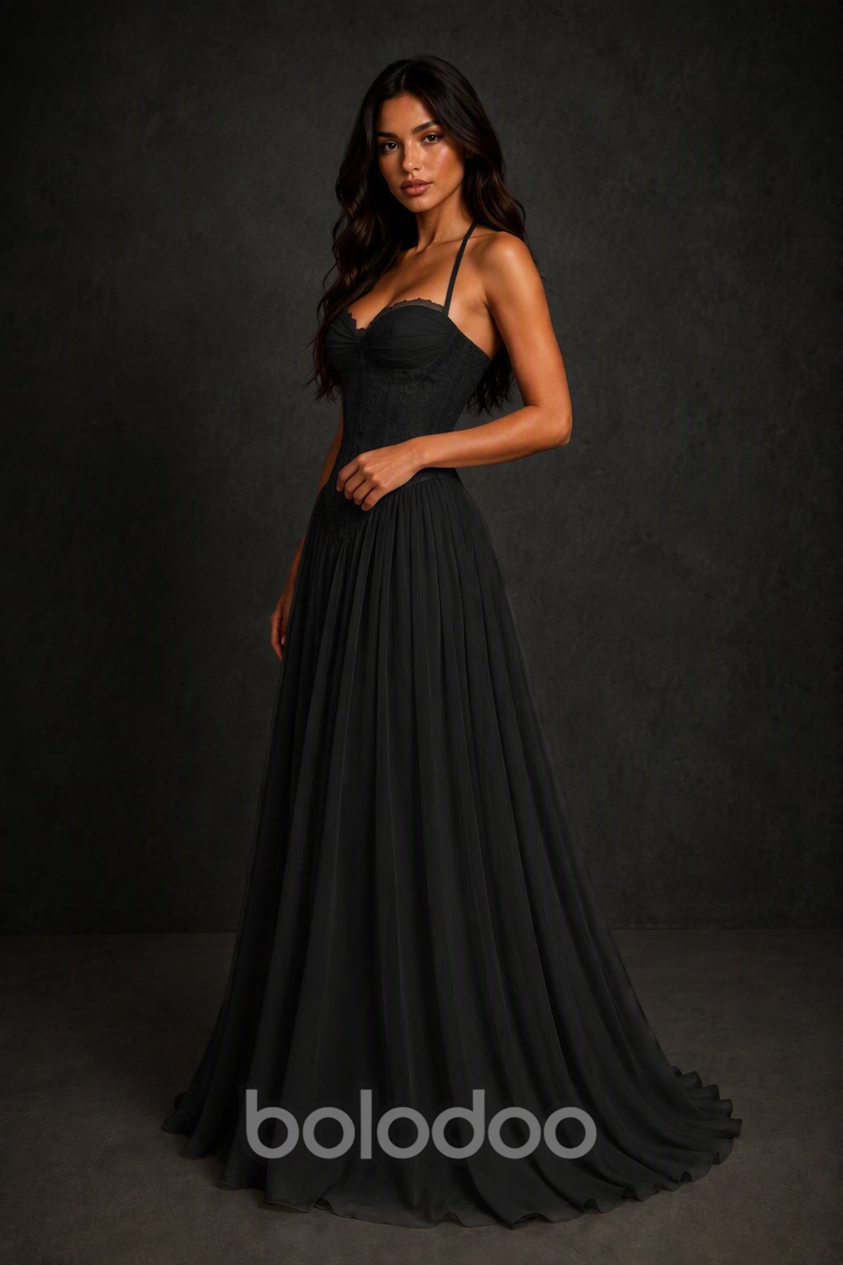 BOLODOO Black Lace Corset Halter Maxi Gown – Backless A-Line Formal Dress  | BOLODOO watermark