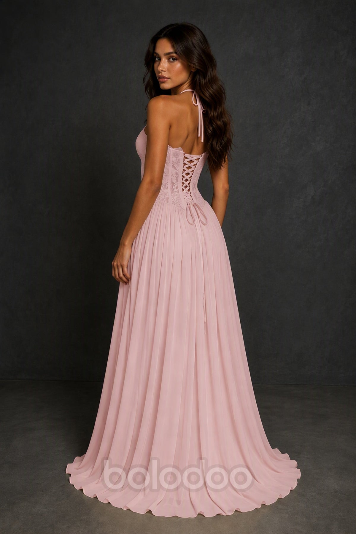 BOLODOO Blush Pink Lace Corset Halter Maxi Gown – Backless A-Line Formal Dress - Blush Pink | BOLODOO watermark