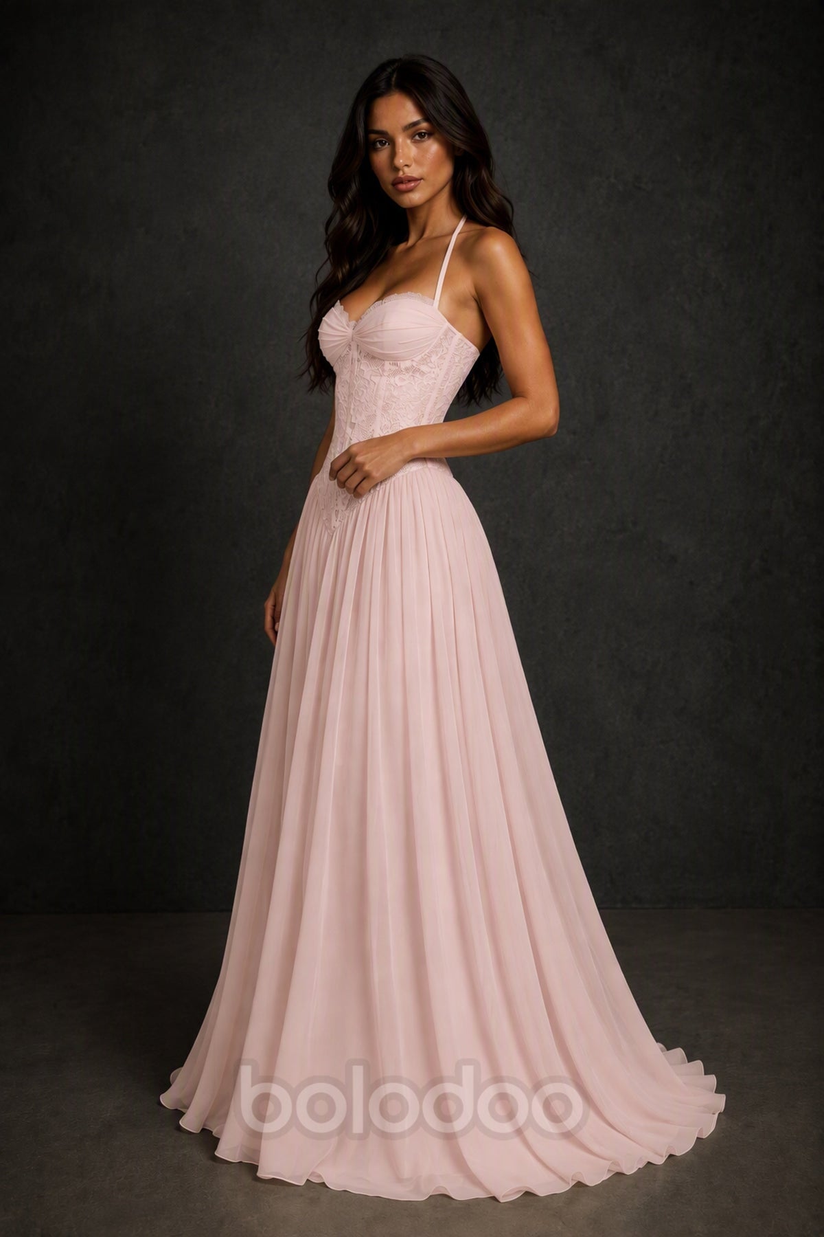 BOLODOO Blush Pink Lace Corset Halter Maxi Gown – Backless A-Line Formal Dress - Blush Pink | BOLODOO watermark