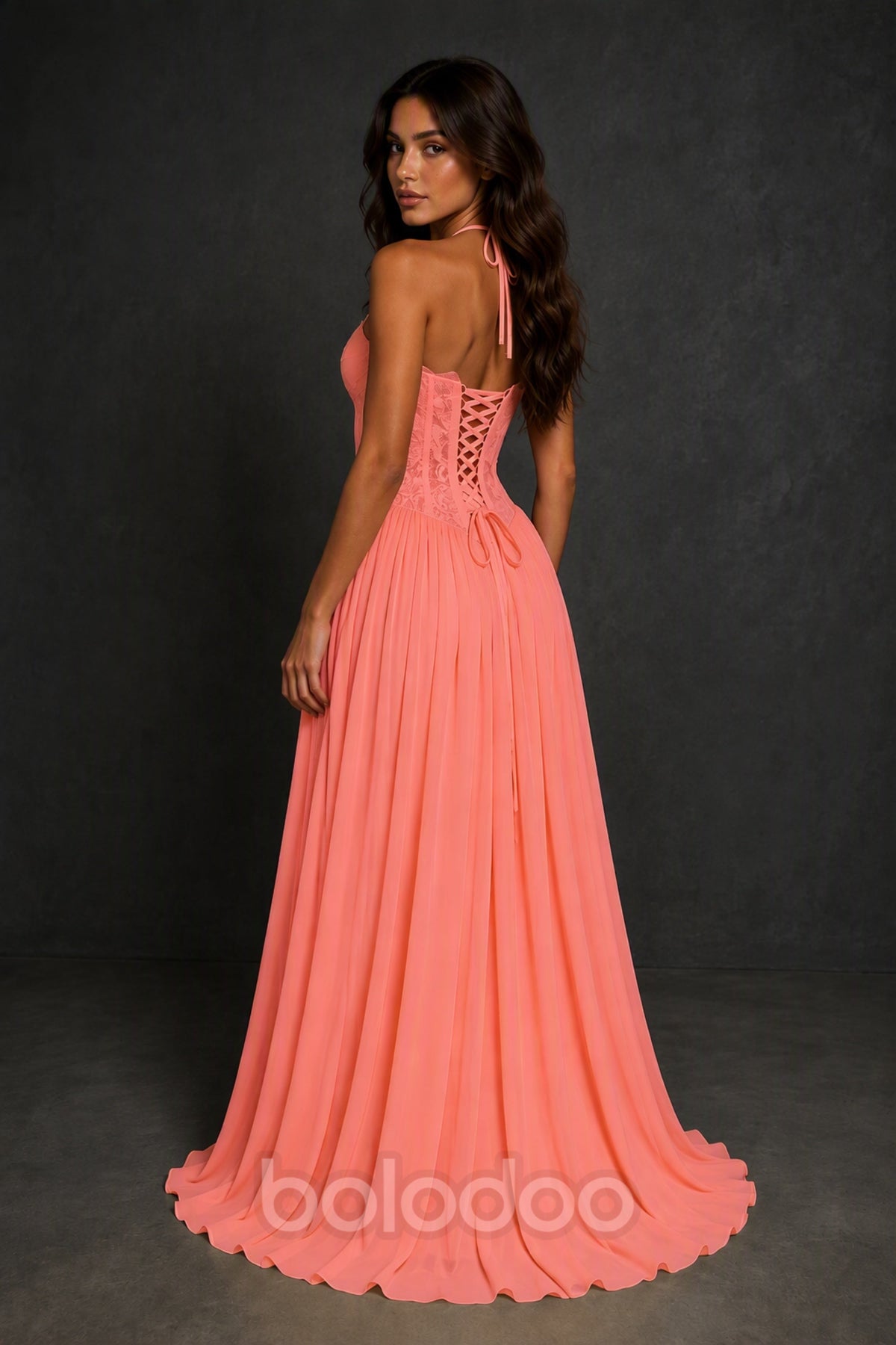 BOLODOO Coral Lace Corset Halter Maxi Gown – Backless A-Line Formal Dress - Coral | BOLODOO watermark