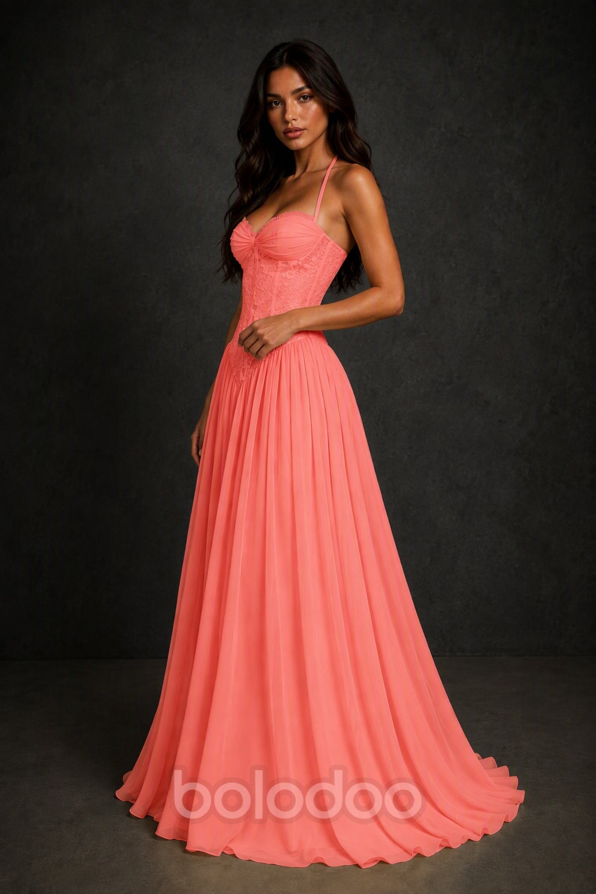 BOLODOO Coral Lace Corset Halter Maxi Gown – Backless A-Line Formal Dress - Coral | BOLODOO watermark