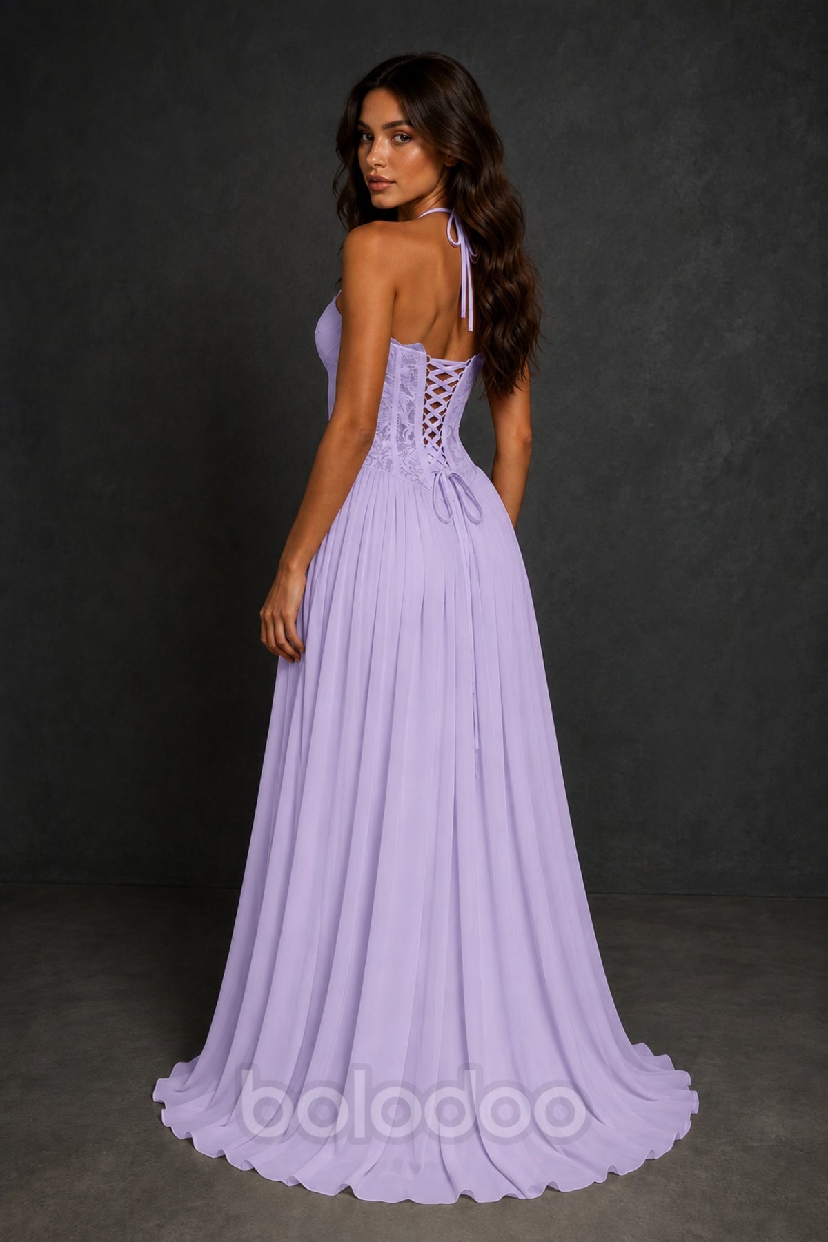 BOLODOO Lilac Lace Corset Halter Maxi Gown – Backless A-Line Formal Dress - Lilac | BOLODOO watermark
