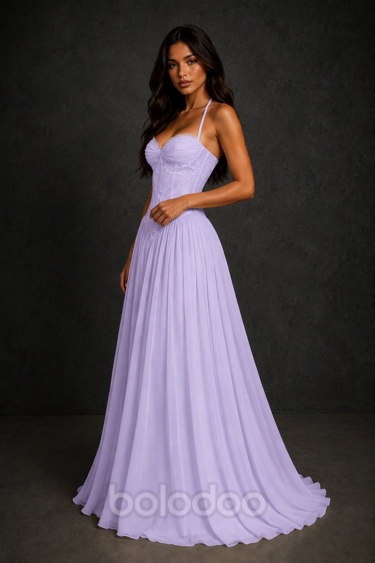 BOLODOO Lilac Lace Corset Halter Maxi Gown – Backless A-Line Formal Dress - Lilac | BOLODOO watermark
