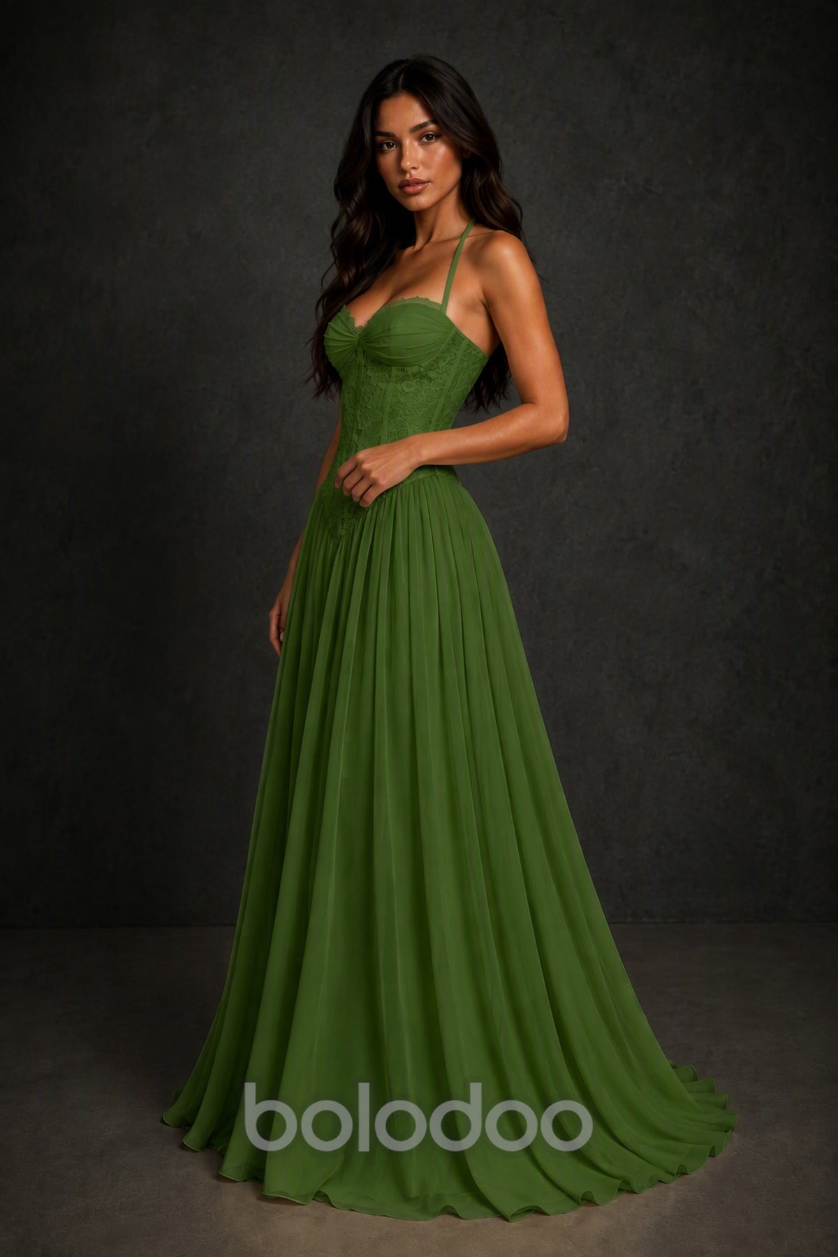BOLODOO Olive Green Lace Corset Halter Maxi Gown – Backless A-Line Formal Dress - Olive Green | BOLODOO watermark