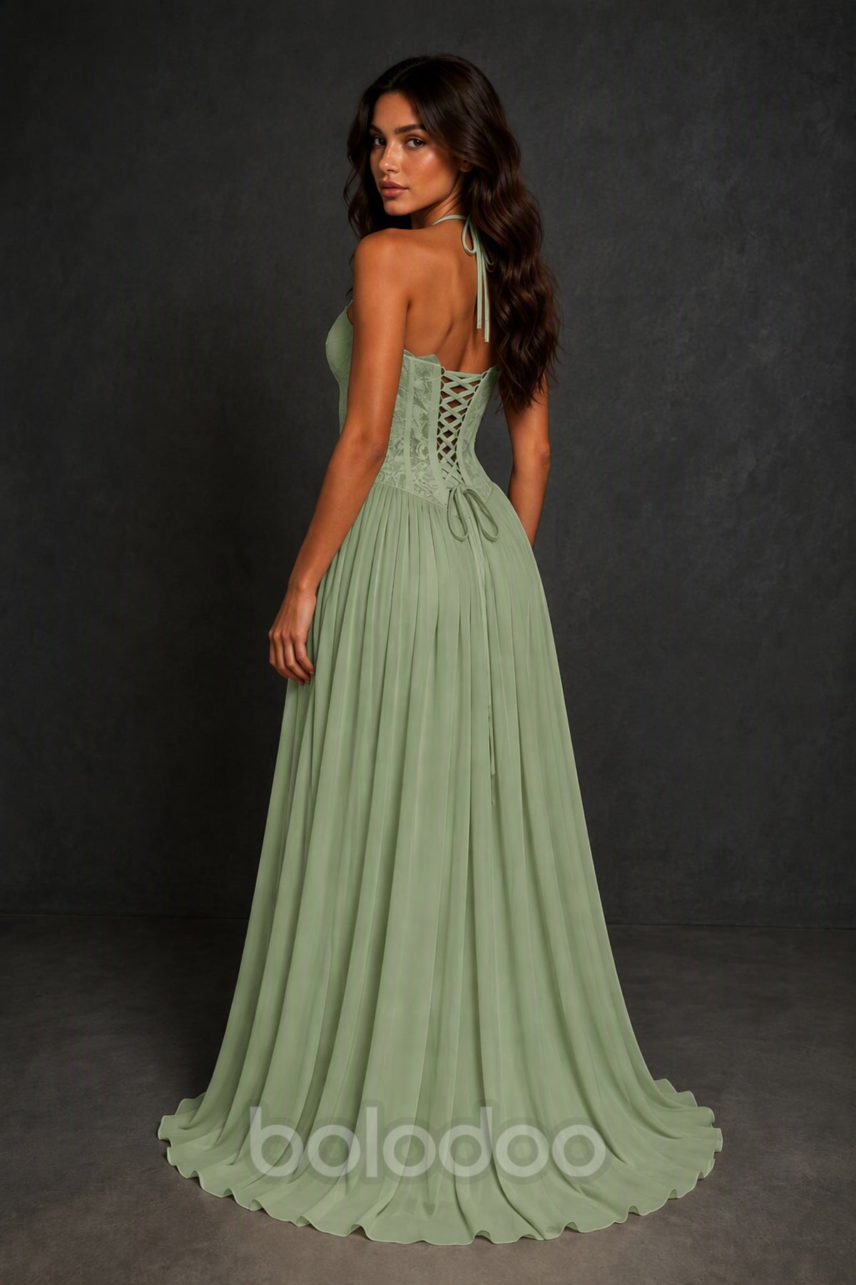 BOLODOO Sage Green Lace Corset Halter Maxi Gown – Backless A-Line Formal Dress - Sage Green | BOLODOO watermark