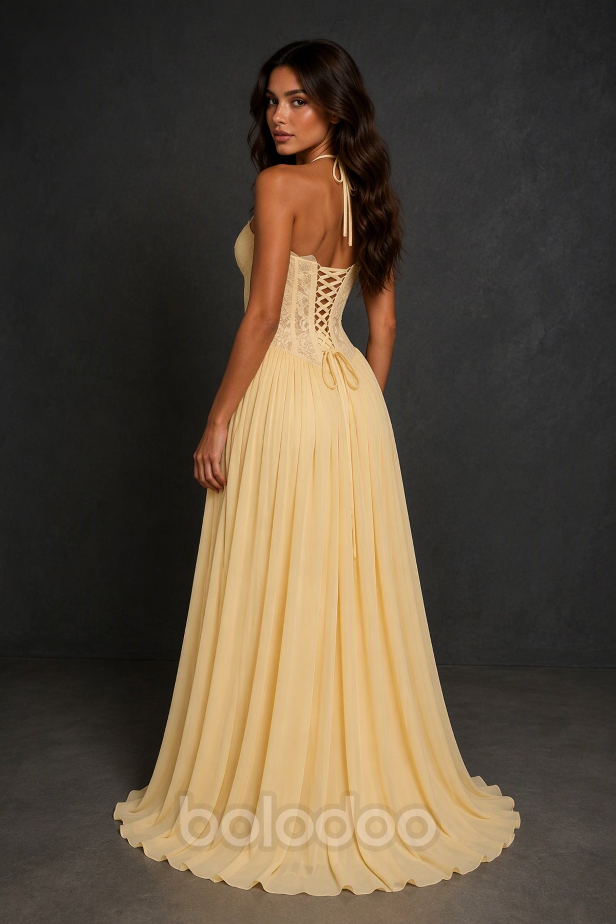 BOLODOO Yellow Lace Corset Halter Maxi Gown – Backless A-Line Formal Dress - Yellow | BOLODOO watermark