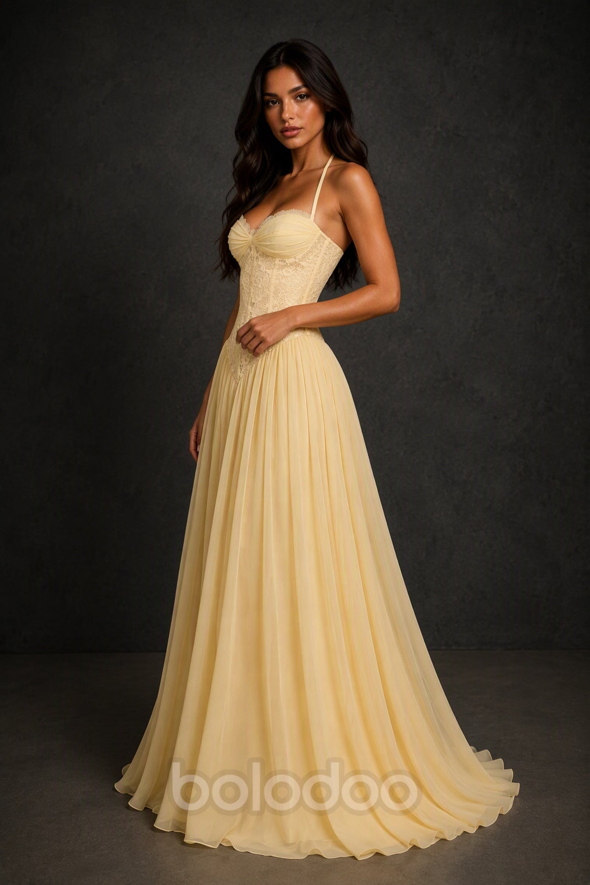 BOLODOO Yellow Lace Corset Halter Maxi Gown – Backless A-Line Formal Dress - Yellow | BOLODOO watermark