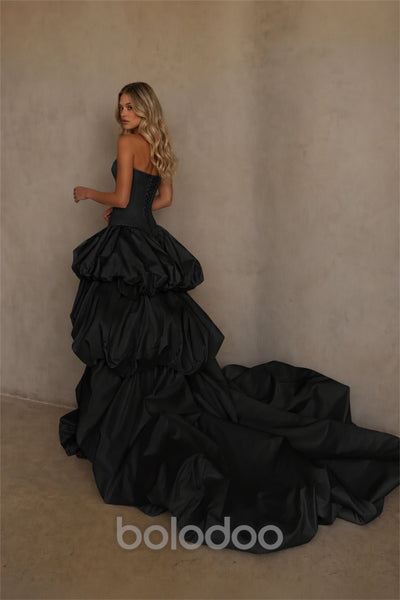 BOLODOO Black Strapless Sweetheart Boned Corset Bubble Skirt Wedding Gown with High Slit and Train - Black | BOLODOO watermark