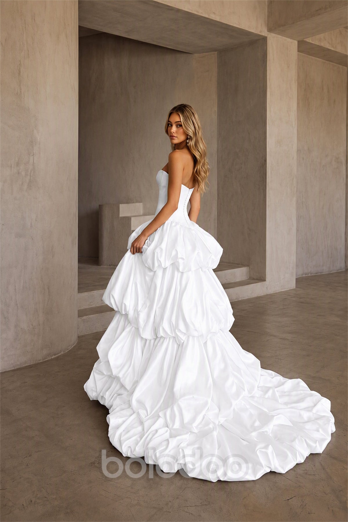 BOLODOO White Strapless Sweetheart Boned Corset Bubble Skirt Wedding Gown with High Slit and Train - White | BOLODOO watermark
