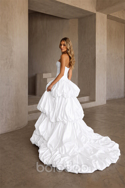 BOLODOO White Strapless Sweetheart Boned Corset Bubble Skirt Wedding Gown with High Slit and Train - White | BOLODOO watermark