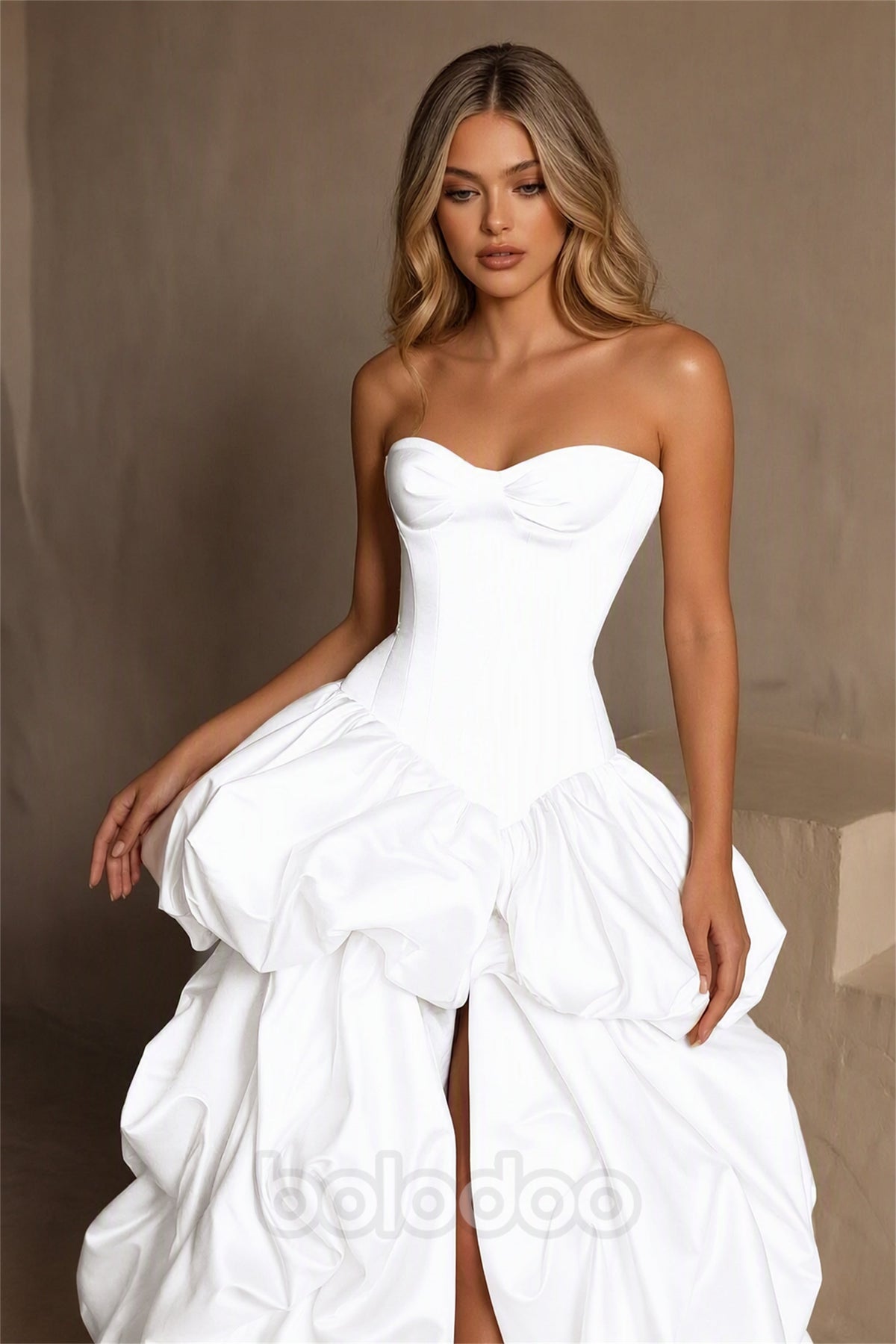 BOLODOO White Strapless Sweetheart Boned Corset Bubble Skirt Wedding Gown with High Slit and Train - White | BOLODOO watermark