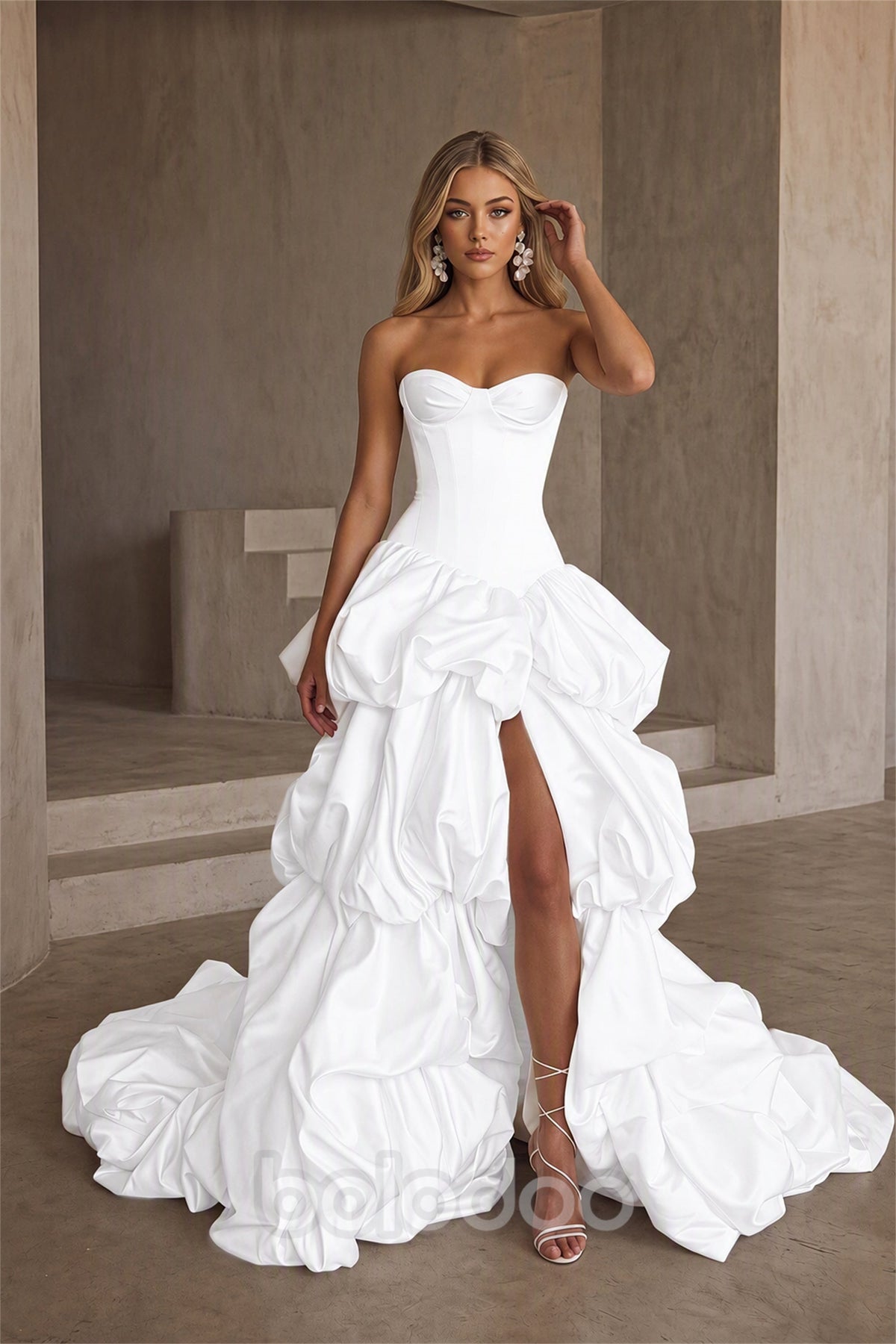 BOLODOO White Strapless Sweetheart Boned Corset Bubble Skirt Wedding Gown with High Slit and Train - White | BOLODOO watermark