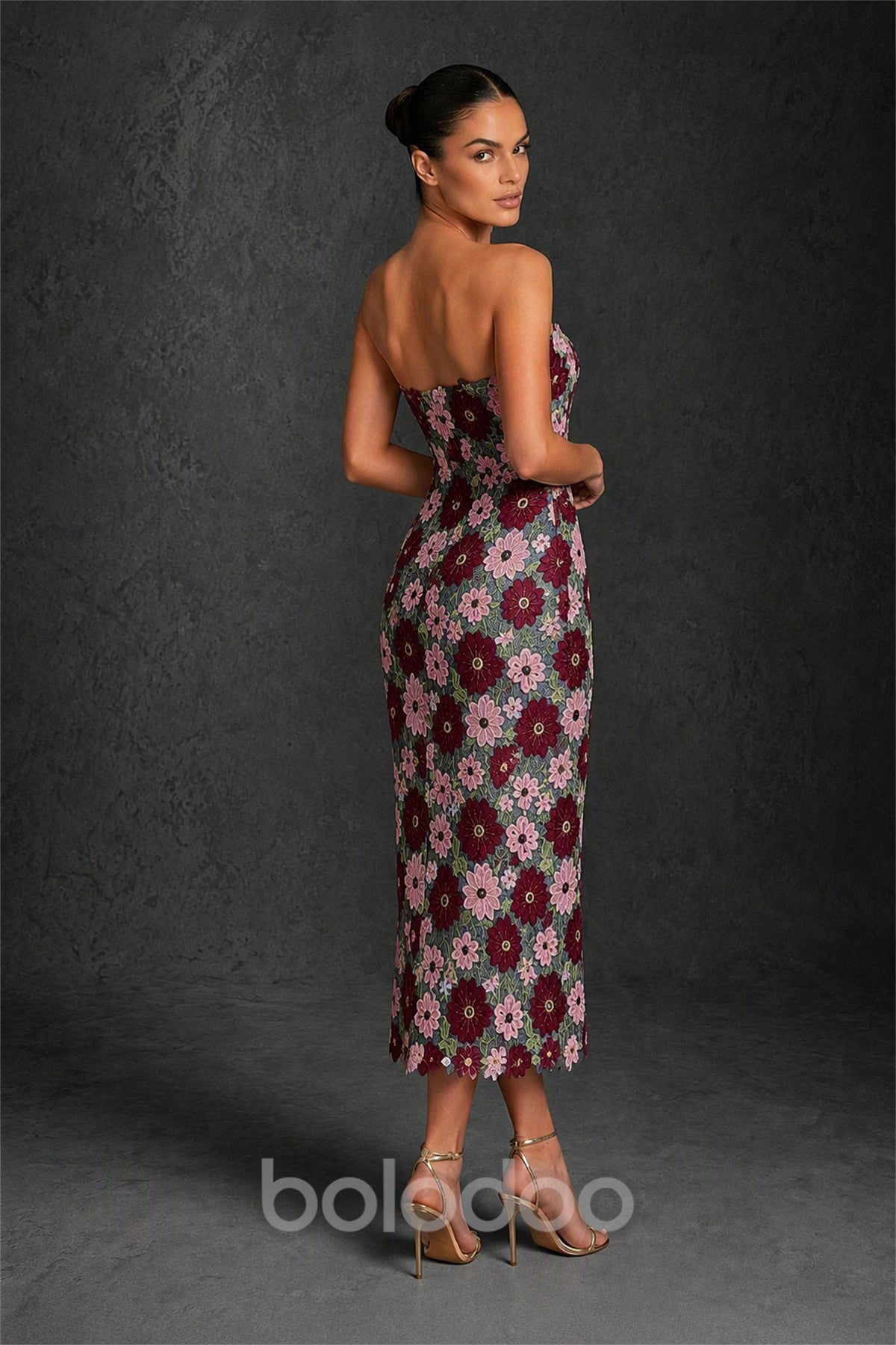 BOLODOO Burgundy 3D Floral Applique Strapless Column Midi Dress | Wedding Guest & Cocktail - Burgundy | BOLODOO watermark