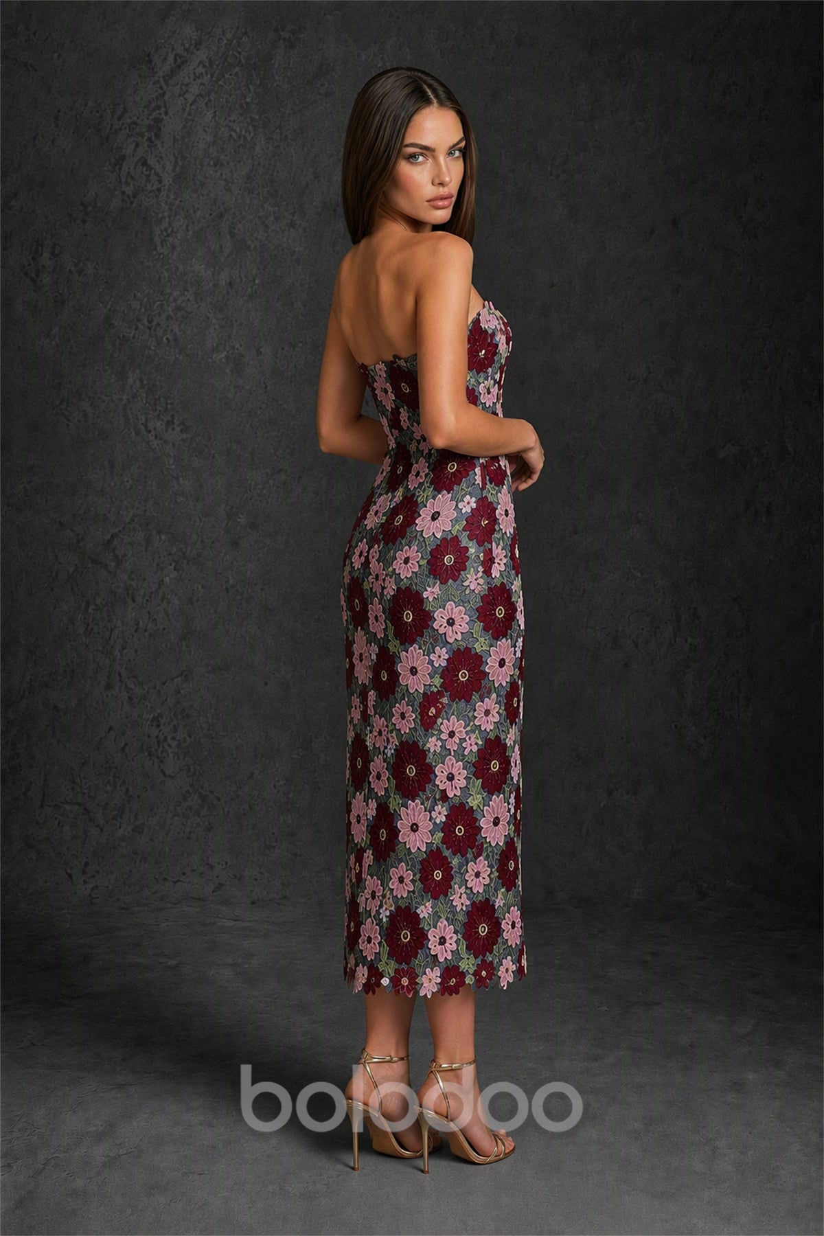 BOLODOO Burgundy 3D Floral Applique Strapless Column Midi Dress | Wedding Guest & Cocktail - Burgundy | BOLODOO watermark