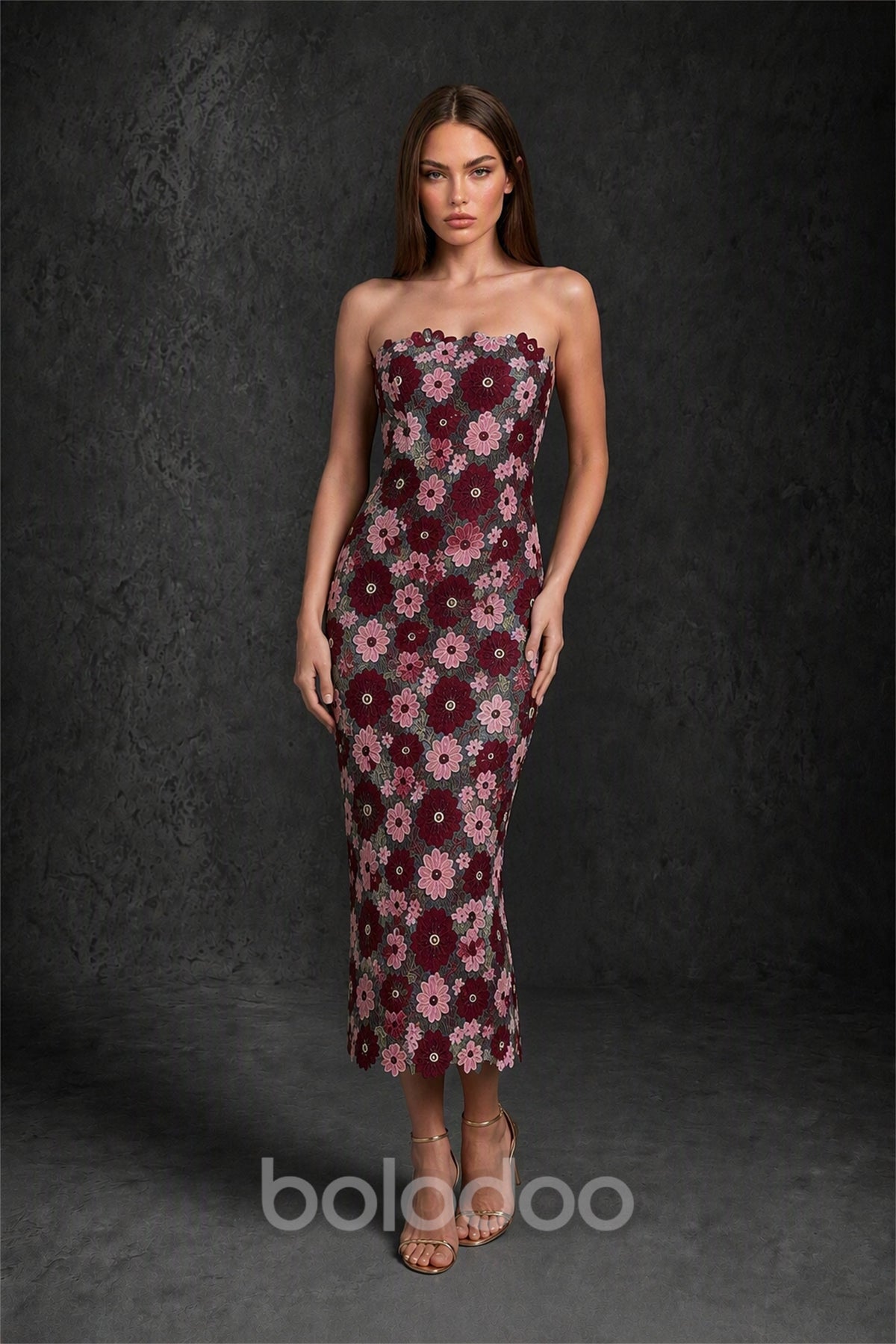 BOLODOO Burgundy 3D Floral Applique Strapless Column Midi Dress | Wedding Guest & Cocktail - Burgundy | BOLODOO watermark