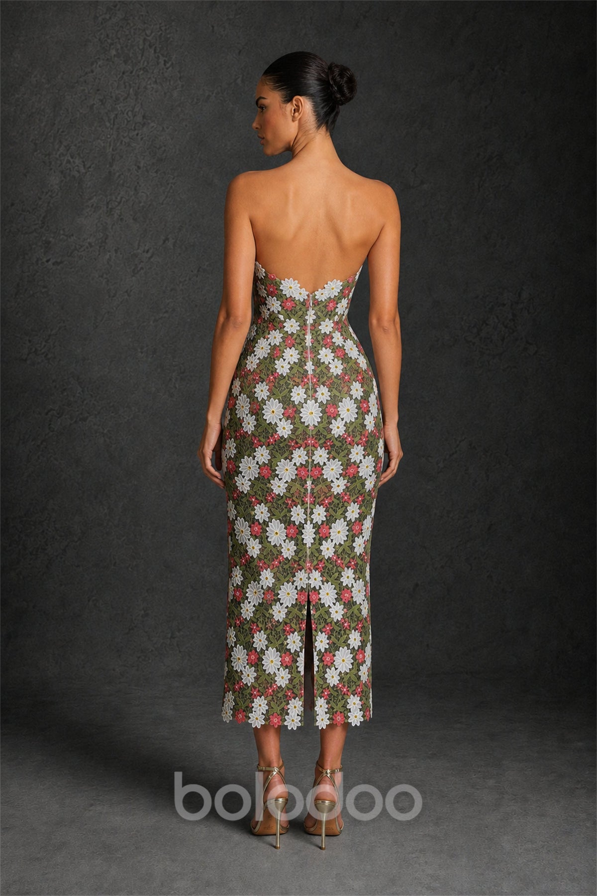 BOLODOO Coral Green 3D Floral Applique Strapless Column Midi Dress | Wedding Guest & Cocktail - Coral Green | BOLODOO watermark