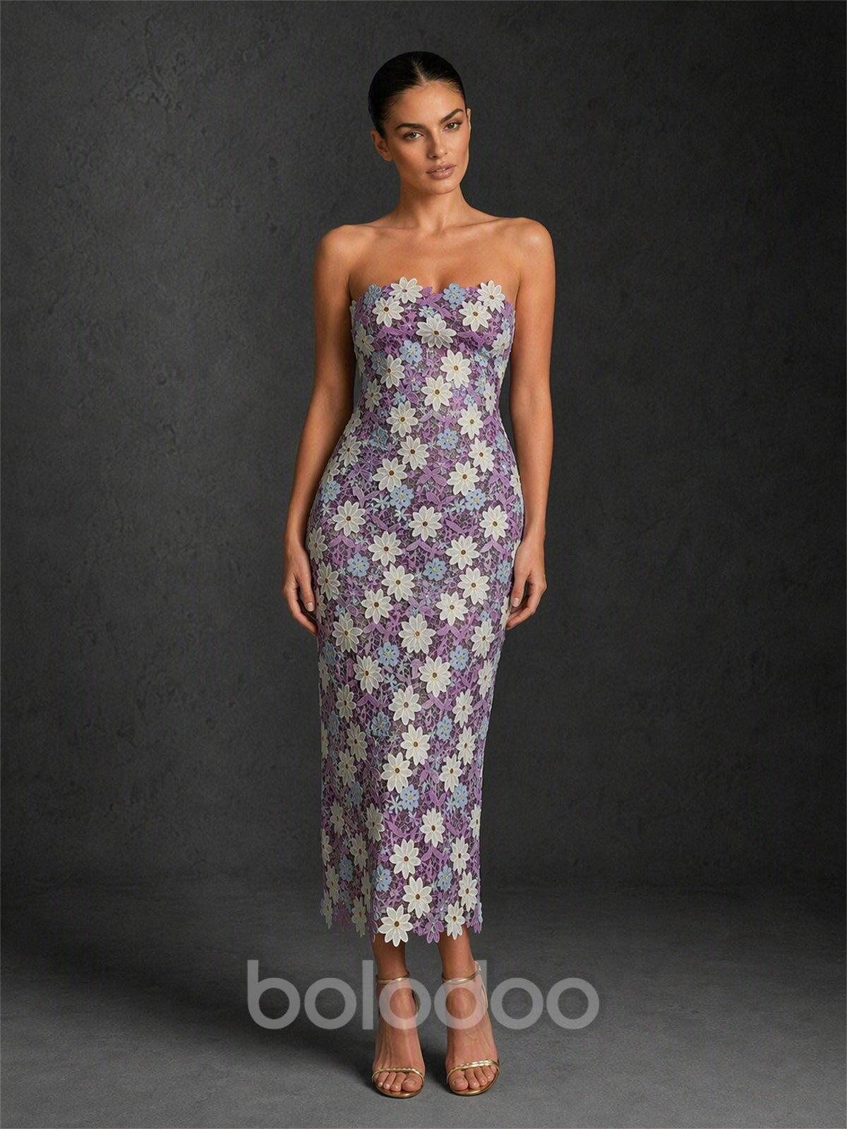 BOLODOO Lavender 3D Floral Applique Strapless Column Midi Dress | Wedding Guest & Cocktail - Lavender | BOLODOO watermark