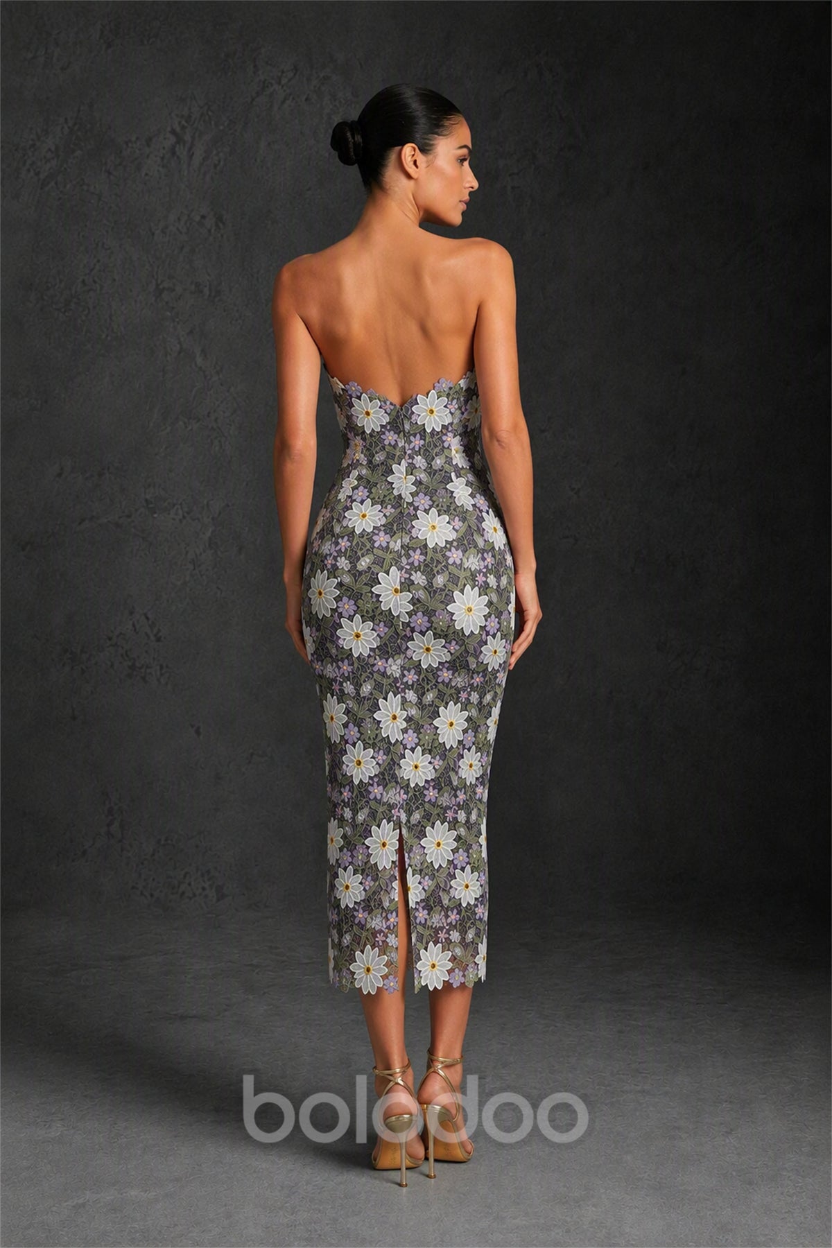 BOLODOO Lavender Green 3D Floral Applique Strapless Column Midi Dress | Wedding Guest & Cocktail - Lavender Green | BOLODOO watermark