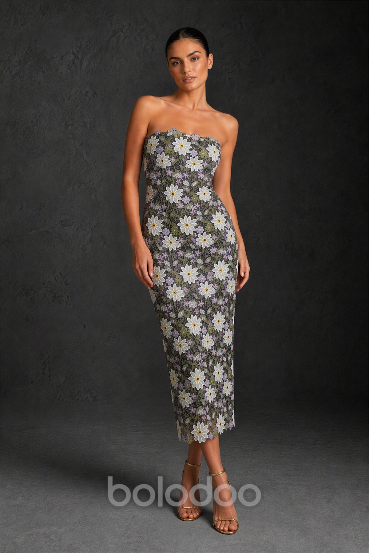 BOLODOO Lavender Green 3D Floral Applique Strapless Column Midi Dress | Wedding Guest & Cocktail - Lavender Green | BOLODOO watermark
