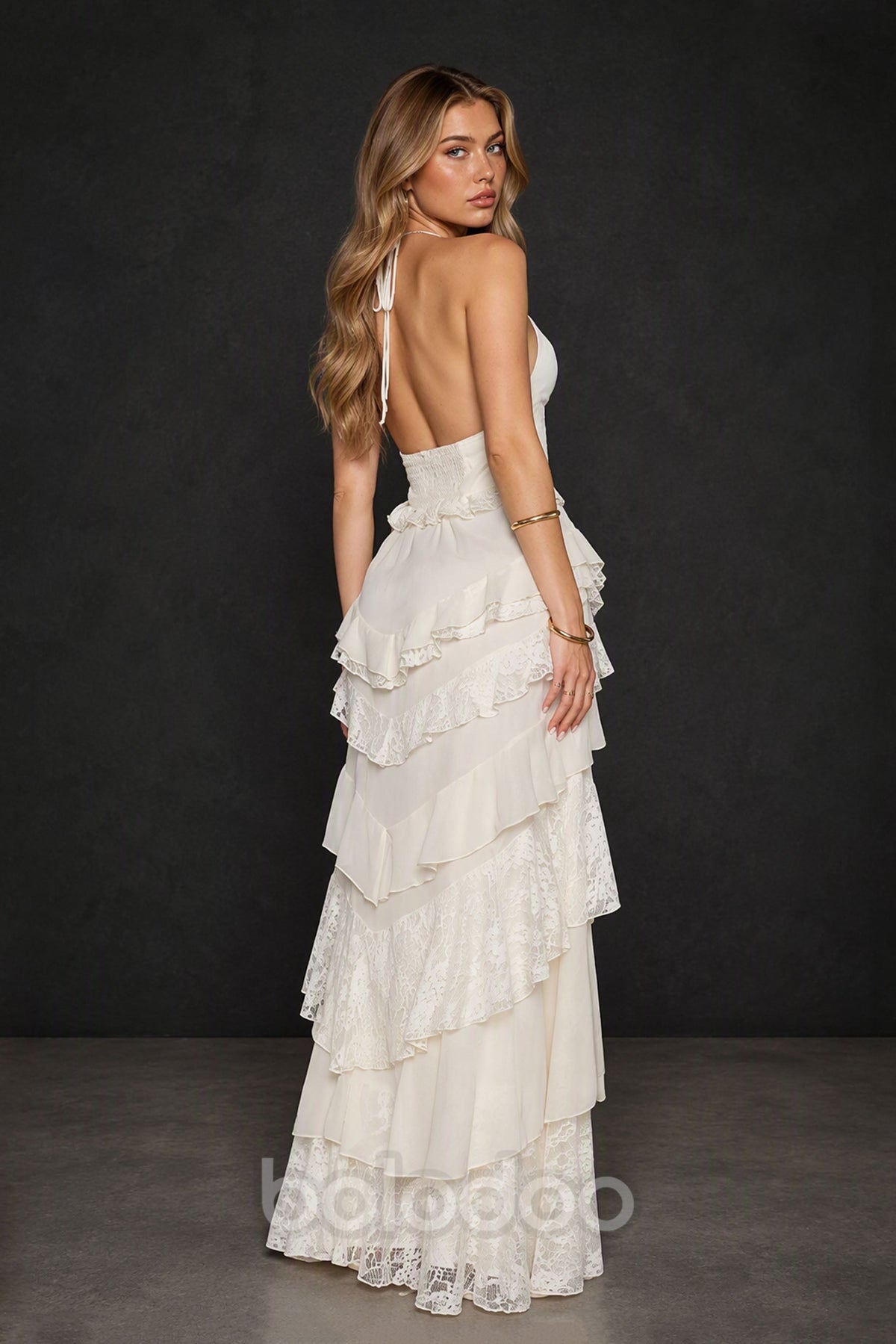BOLODOO Ivory Tiered Ruffle Lace Halter Backless Maxi Dress - Front Full Length | BOLODOO watermark