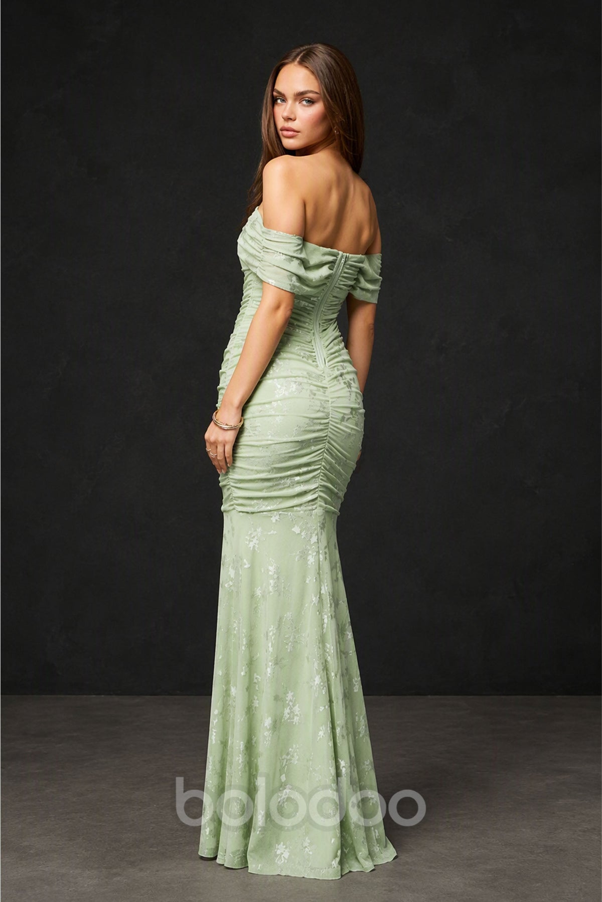 BOLODOO Sage Green Ruched Off-Shoulder Mermaid Maxi Dress - Front View | BOLODOO watermark