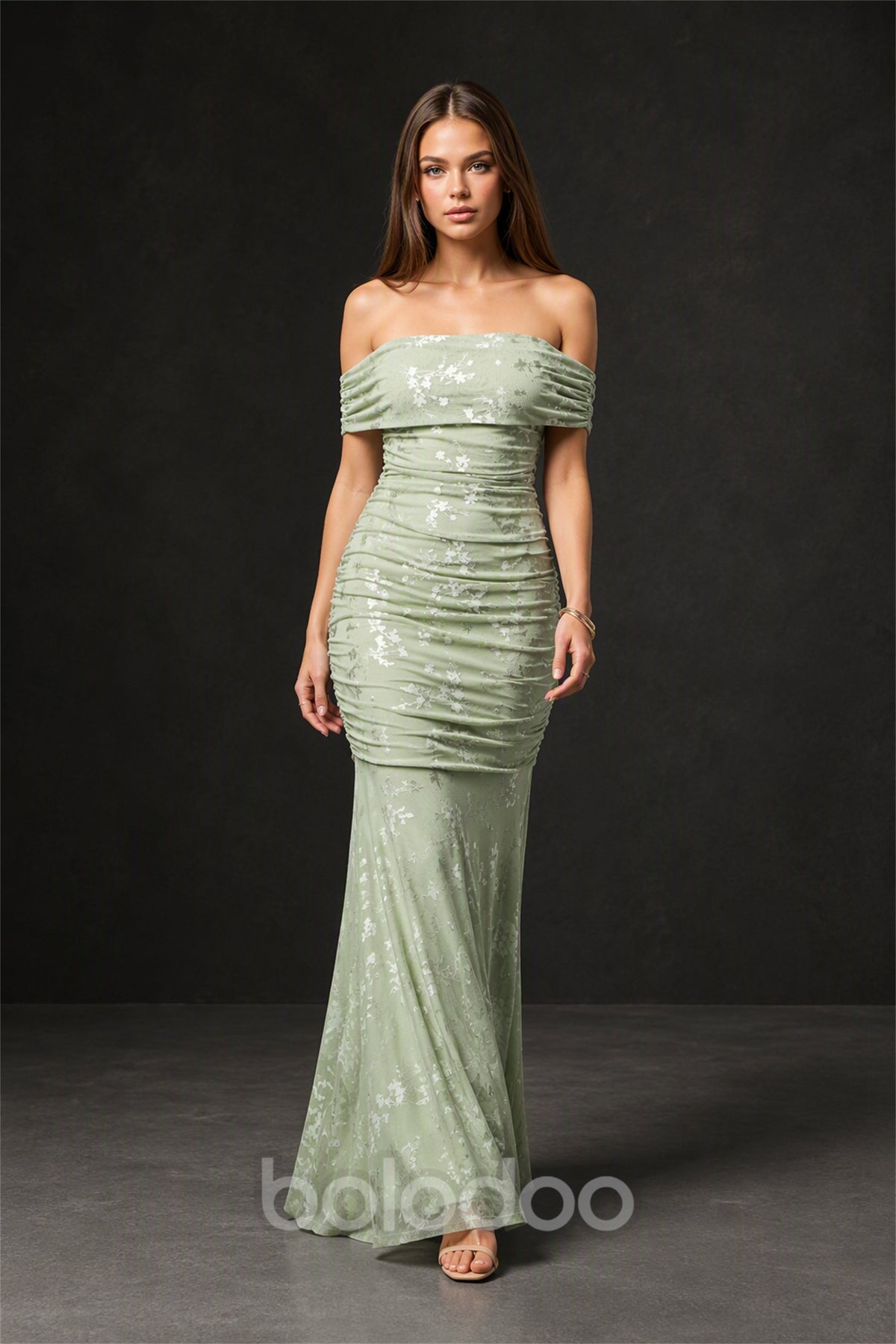 BOLODOO Sage Green Ruched Off-Shoulder Mermaid Maxi Dress - Side View | BOLODOO watermark