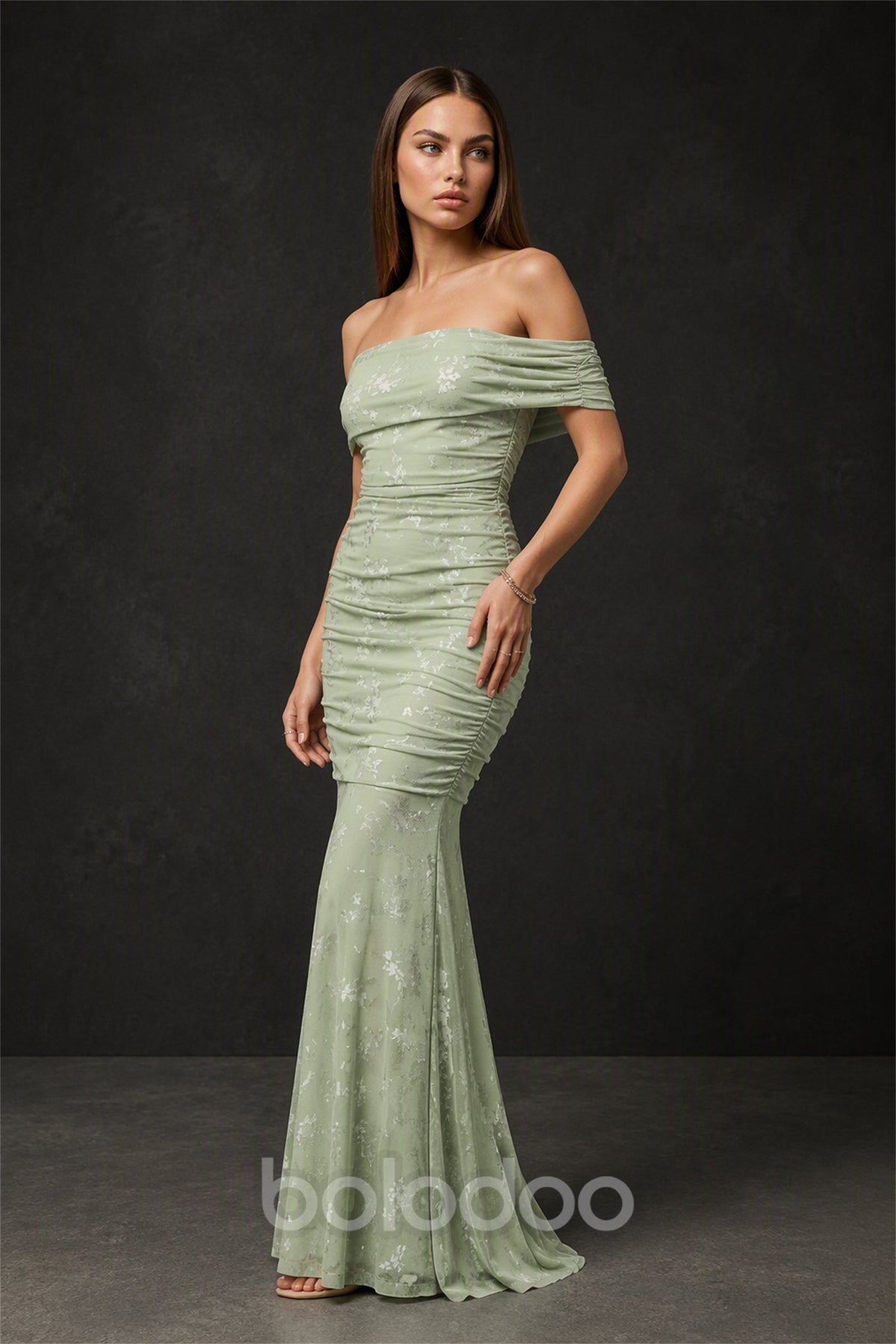 BOLODOO Sage Green Ruched Off-Shoulder Mermaid Maxi Dress - Back View | BOLODOO watermark