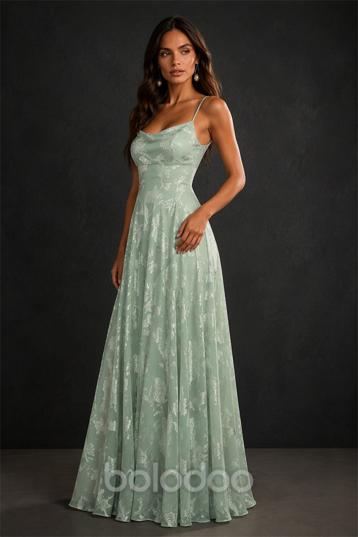 BOLODOO Sage Green Cowl Neck Spaghetti Strap Lace-Up Backless Maxi Dress - Back Lace-Up Detail | BOLODOO watermark