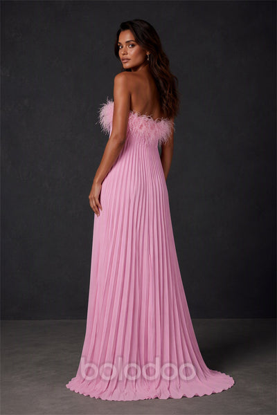 BOLODOO Pink Strapless Feather Trim Pleated A-Line Chiffon Maxi Dress - Back Open View | BOLODOO watermark