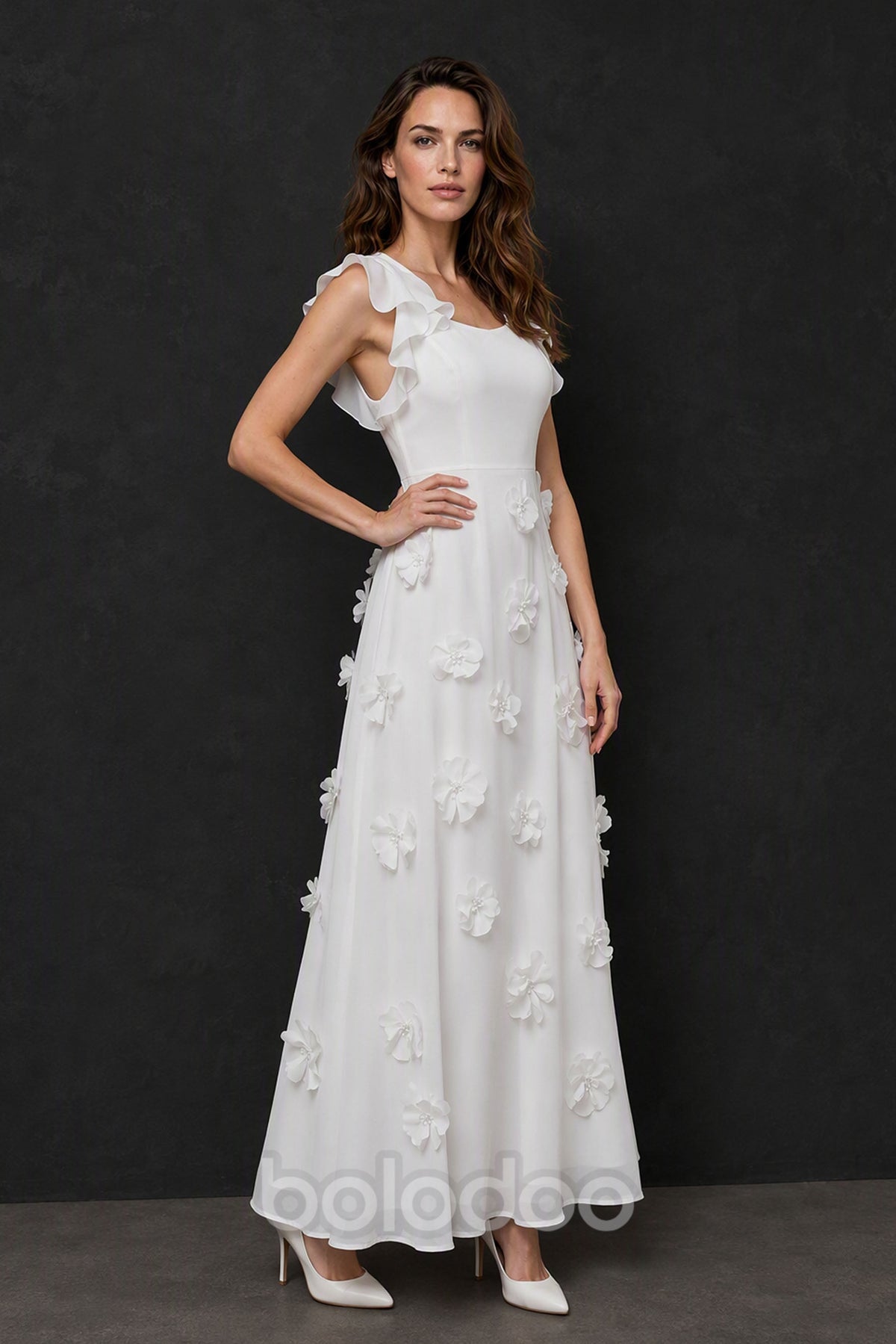 BOLODOO Ivory Scoop Neck Flutter Sleeve 3D Floral Appliqué A-Line Chiffon Maxi Dress - Side View | BOLODOO watermark