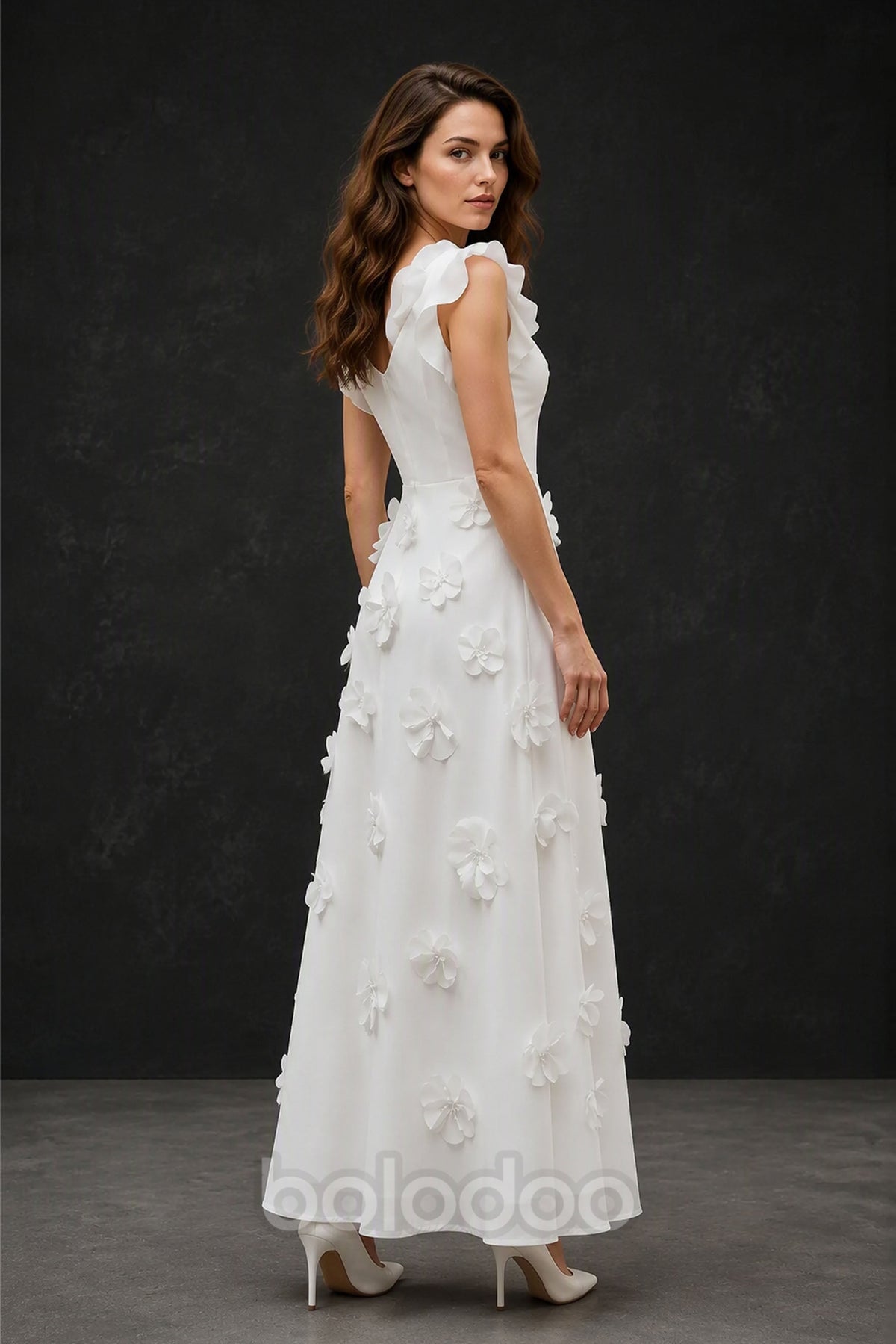 BOLODOO Ivory Scoop Neck Flutter Sleeve 3D Floral Appliqué A-Line Chiffon Maxi Dress - Back View | BOLODOO watermark