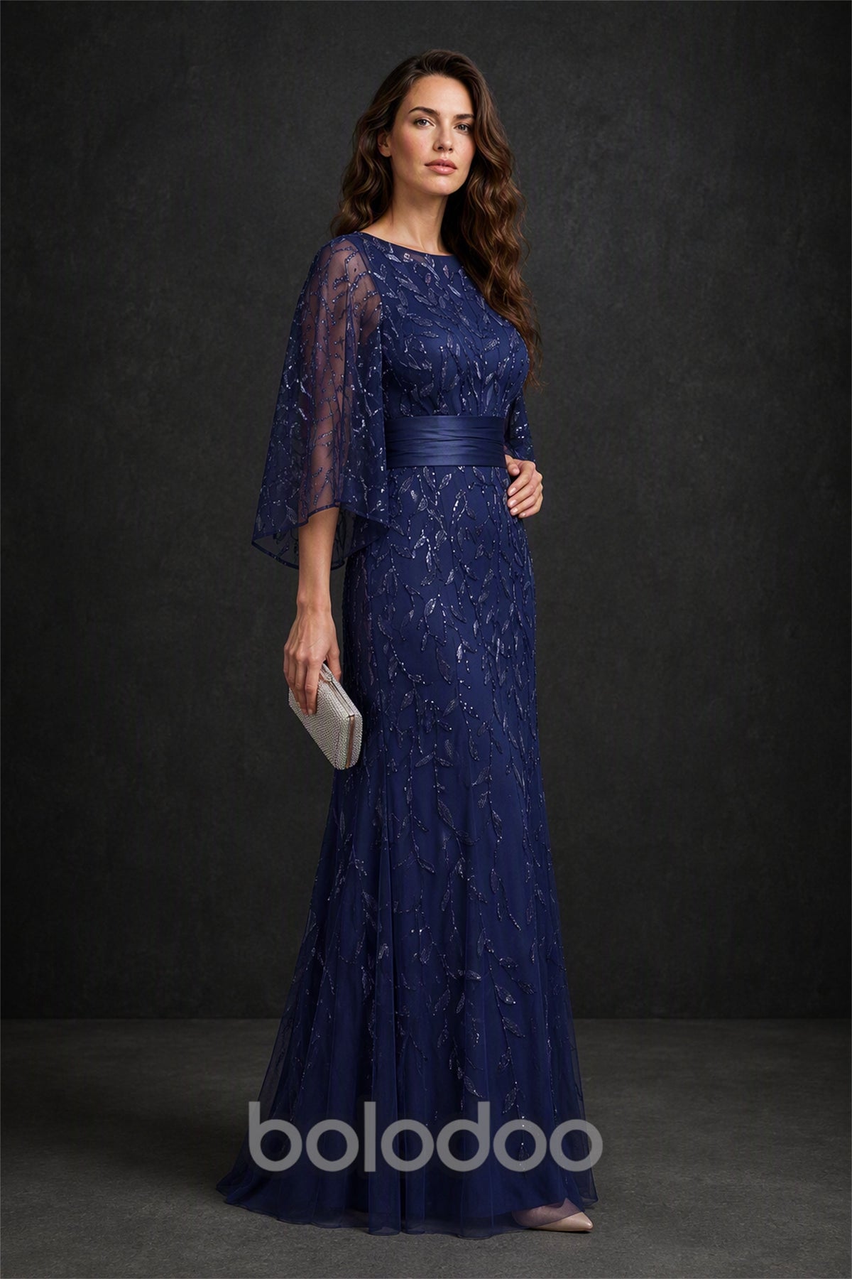 BOLODOO Navy Blue Bell Sleeve Sequin Embroidered Maxi Dress - Front Close-Up | BOLODOO watermark