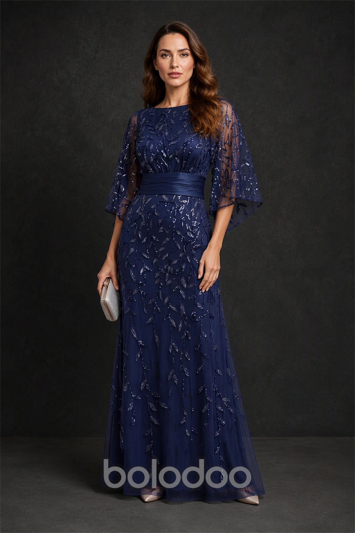 BOLODOO Navy Blue Bell Sleeve Sequin Embroidered Maxi Dress - Front Full Length | BOLODOO watermark