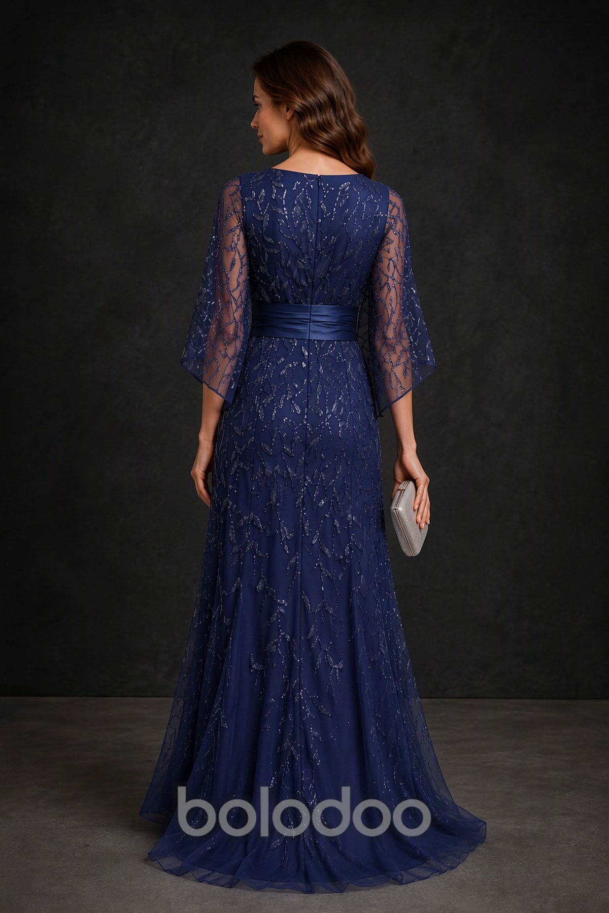 BOLODOO Navy Blue Bell Sleeve Sequin Embroidered Maxi Dress - Side Back View | BOLODOO watermark