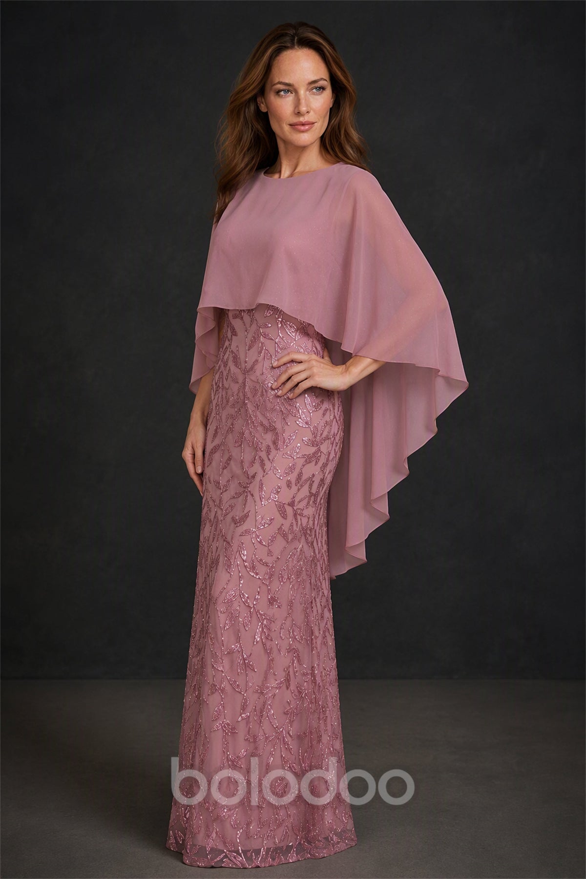 BOLODOO Dusty Rose Chiffon Cape Overlay Sequin Lace Mermaid Maxi Dress - Side Three-Quarter View | BOLODOO watermark