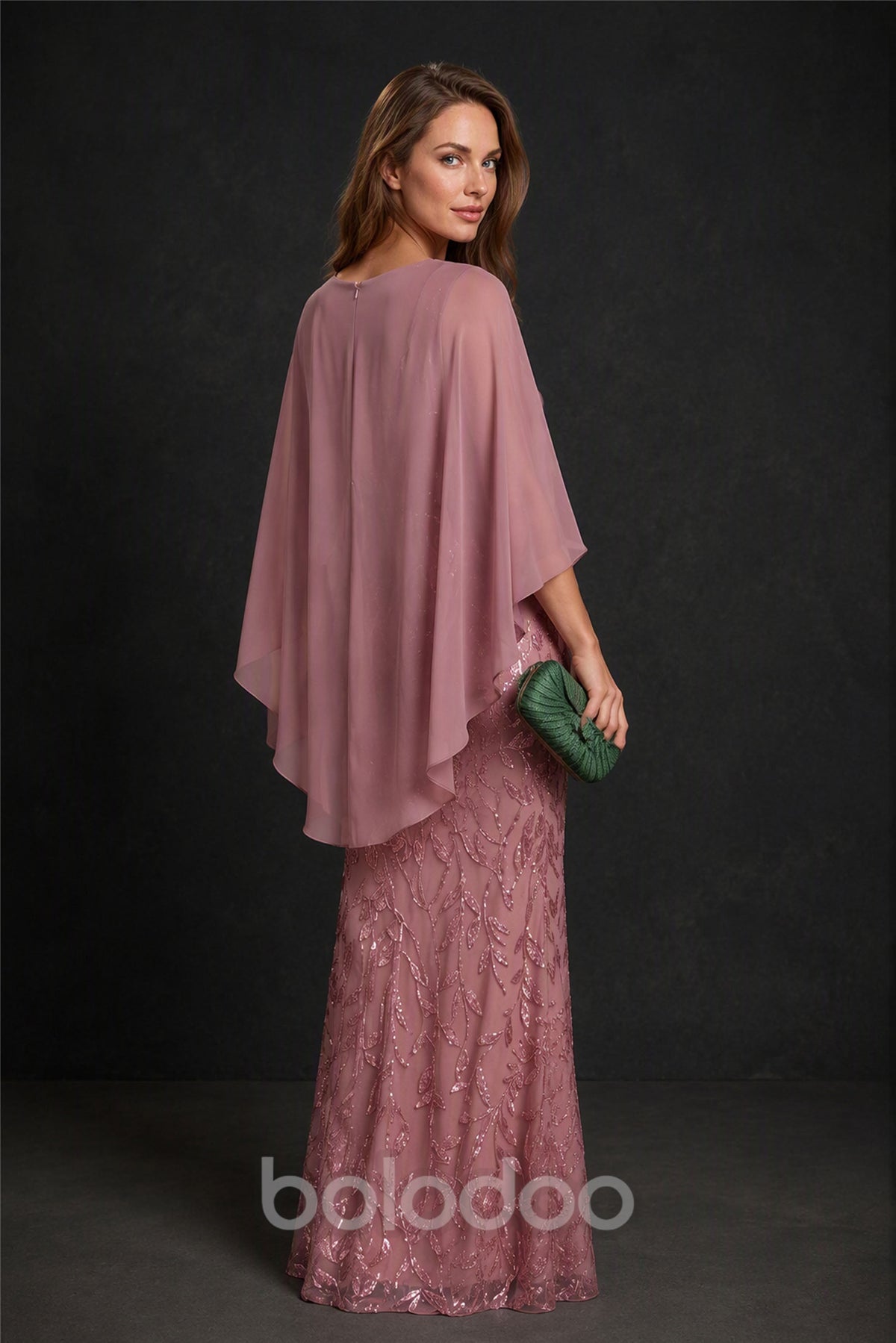 BOLODOO Dusty Rose Chiffon Cape Overlay Sequin Lace Mermaid Maxi Dress - Back Cape Full View | BOLODOO watermark