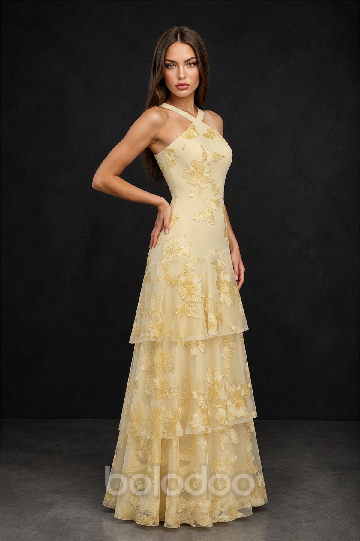 BOLODOO Yellow Crisscross Halter Gold Floral Embroidered Triple Tiered Tulle Maxi Dress - Side Three-Quarter View | BOLODOO watermark