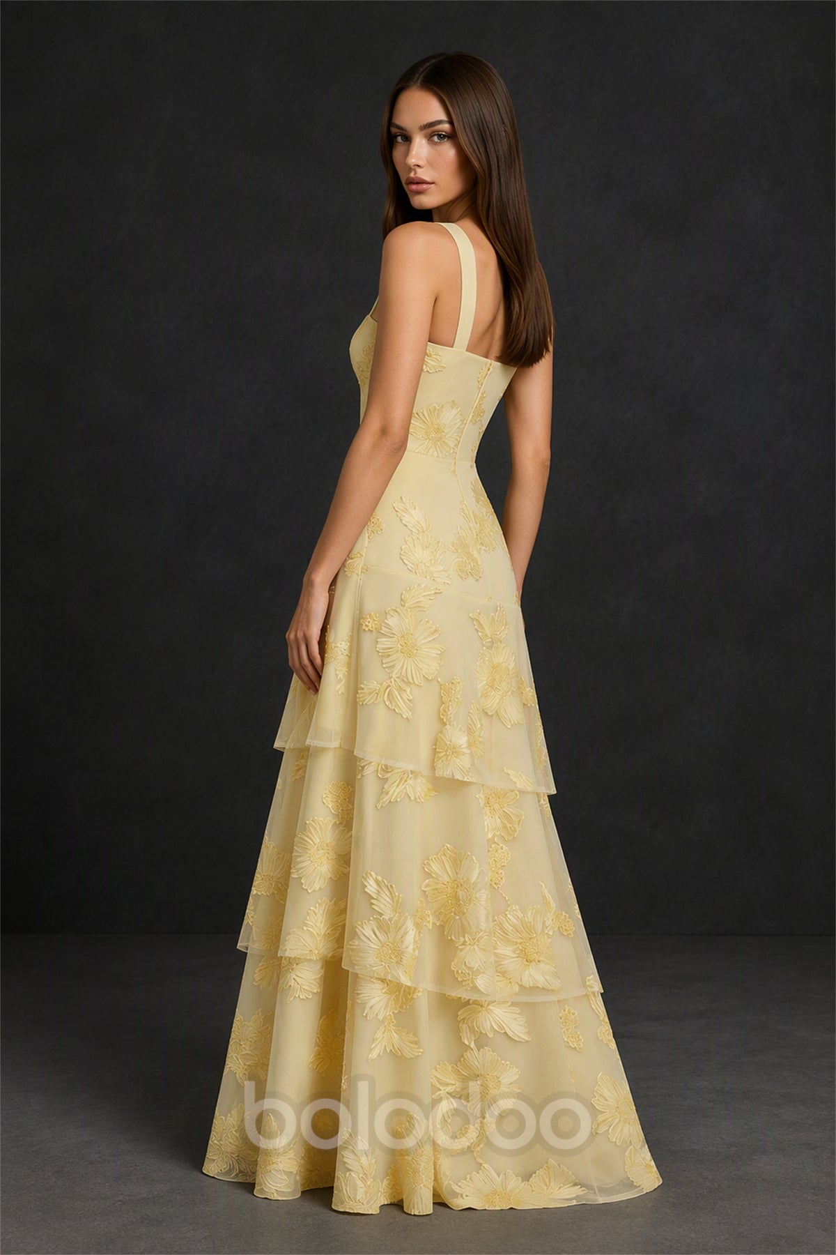 BOLODOO Yellow Crisscross Halter Gold Floral Embroidered Triple Tiered Tulle Maxi Dress - Back View | BOLODOO watermark