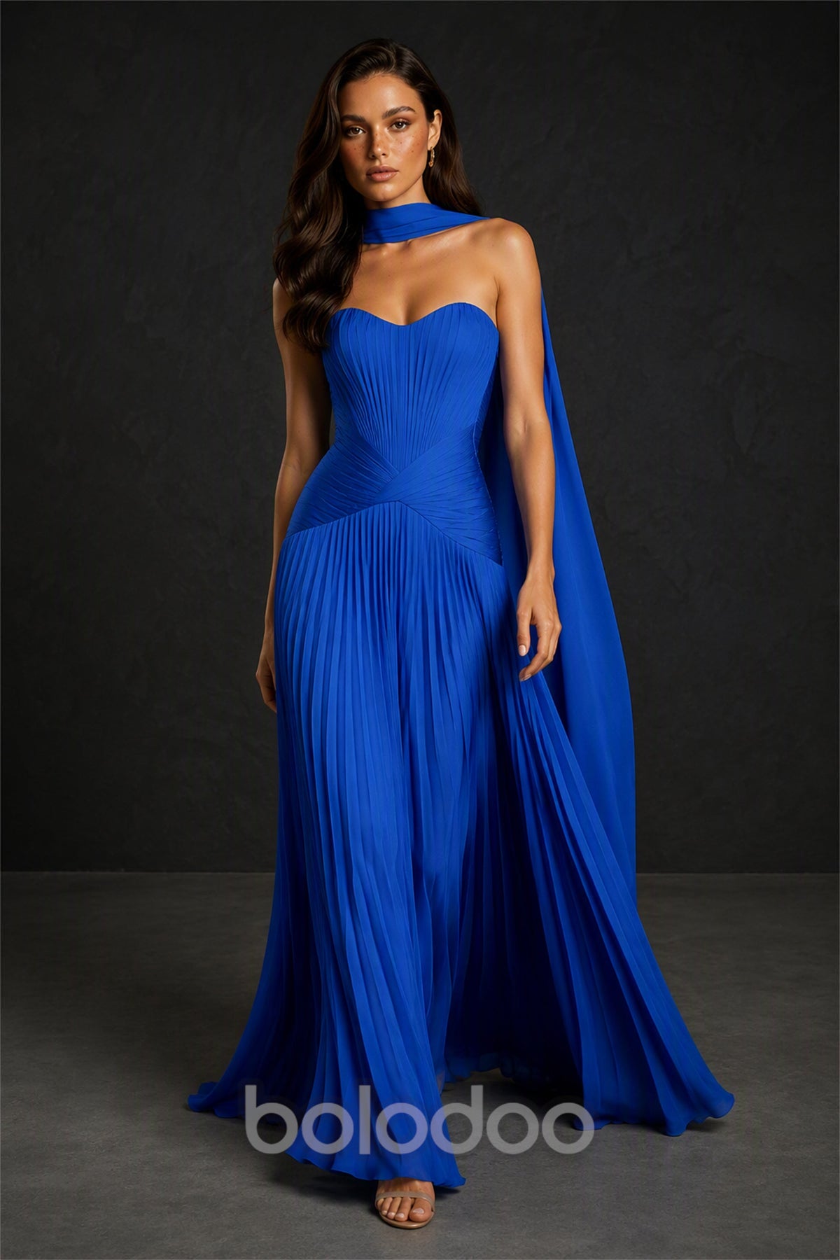BOLODOO Royal Blue Sweetheart Strapless Neck Scarf Pleated Backless Maxi Dress - Front Full Skirt View | BOLODOO watermark