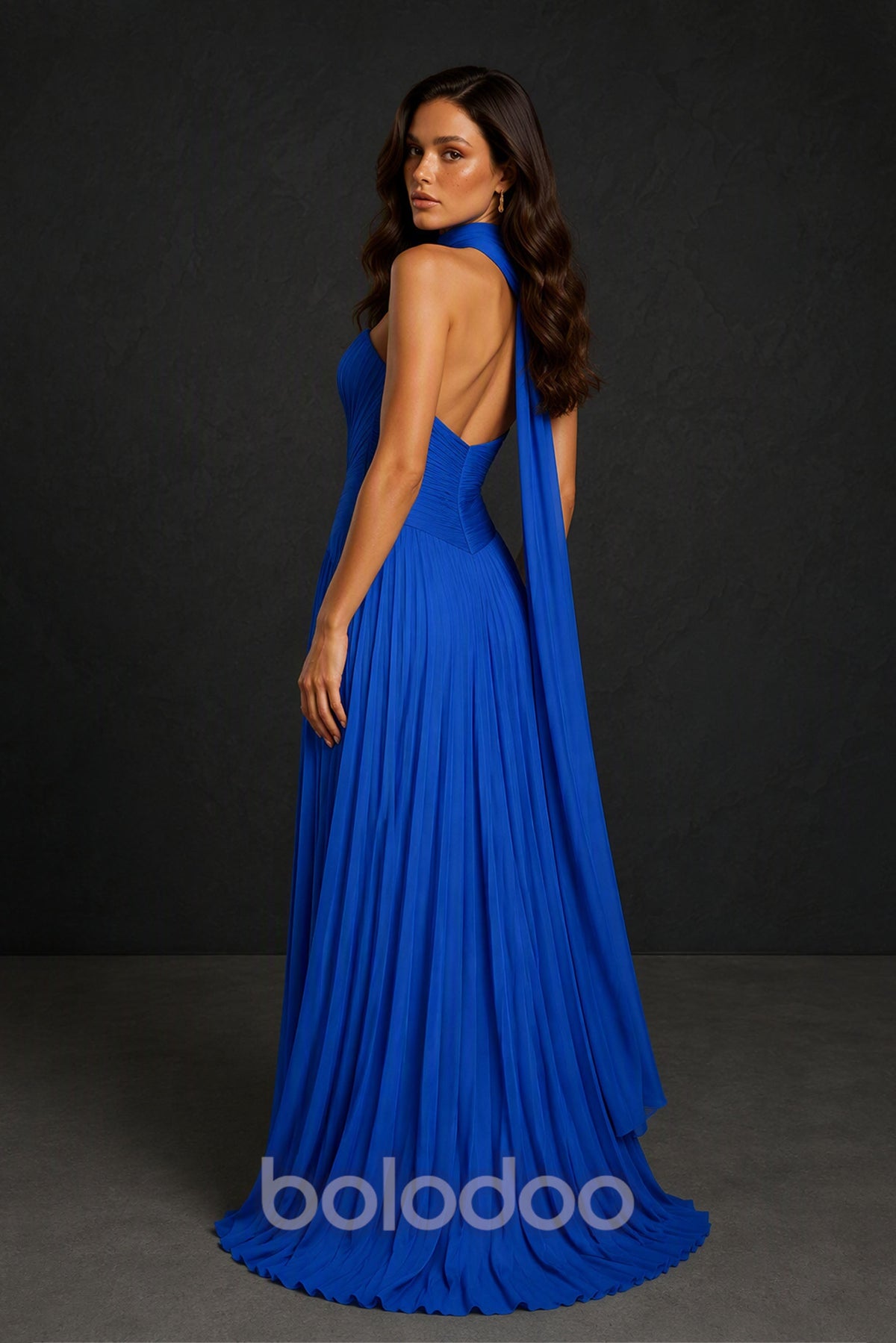 BOLODOO Royal Blue Sweetheart Strapless Neck Scarf Pleated Backless Maxi Dress - Back Open View | BOLODOO watermark