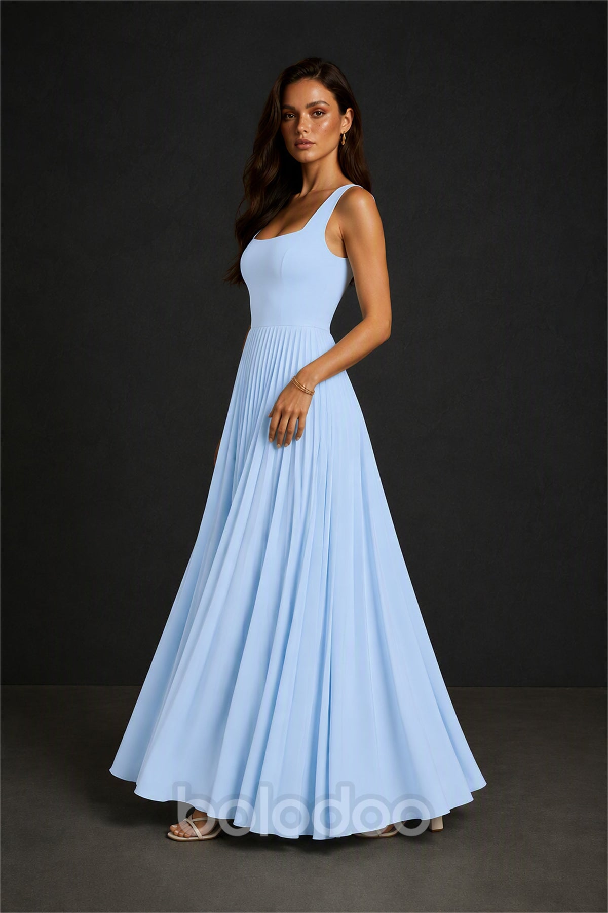 BOLODOO Light Blue Square Neck Wide Strap Lace-Up Back Pleated A-Line Chiffon Maxi Dress - Side Three-Quarter View | BOLODOO watermark