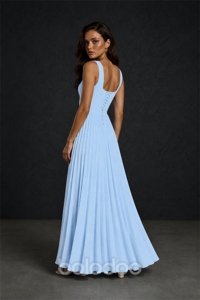 BOLODOO Light Blue Square Neck Wide Strap Lace-Up Back Pleated A-Line Chiffon Maxi Dress - Back Lace-Up Detail | BOLODOO watermark
