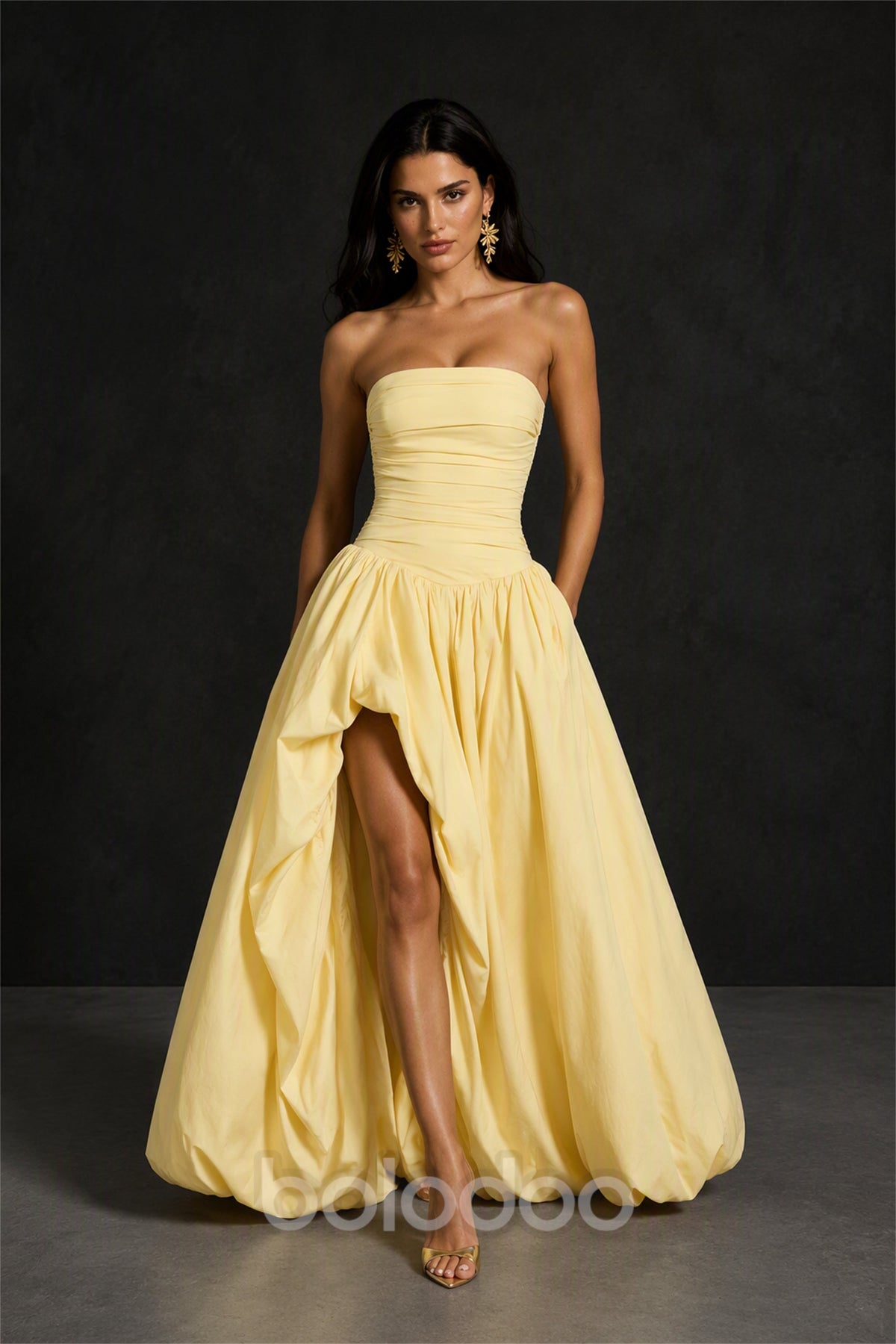 BOLODOO Yellow Strapless Ruched Corset Bubble Skirt High Slit Taffeta Maxi Dress - Front High Slit View | BOLODOO watermark