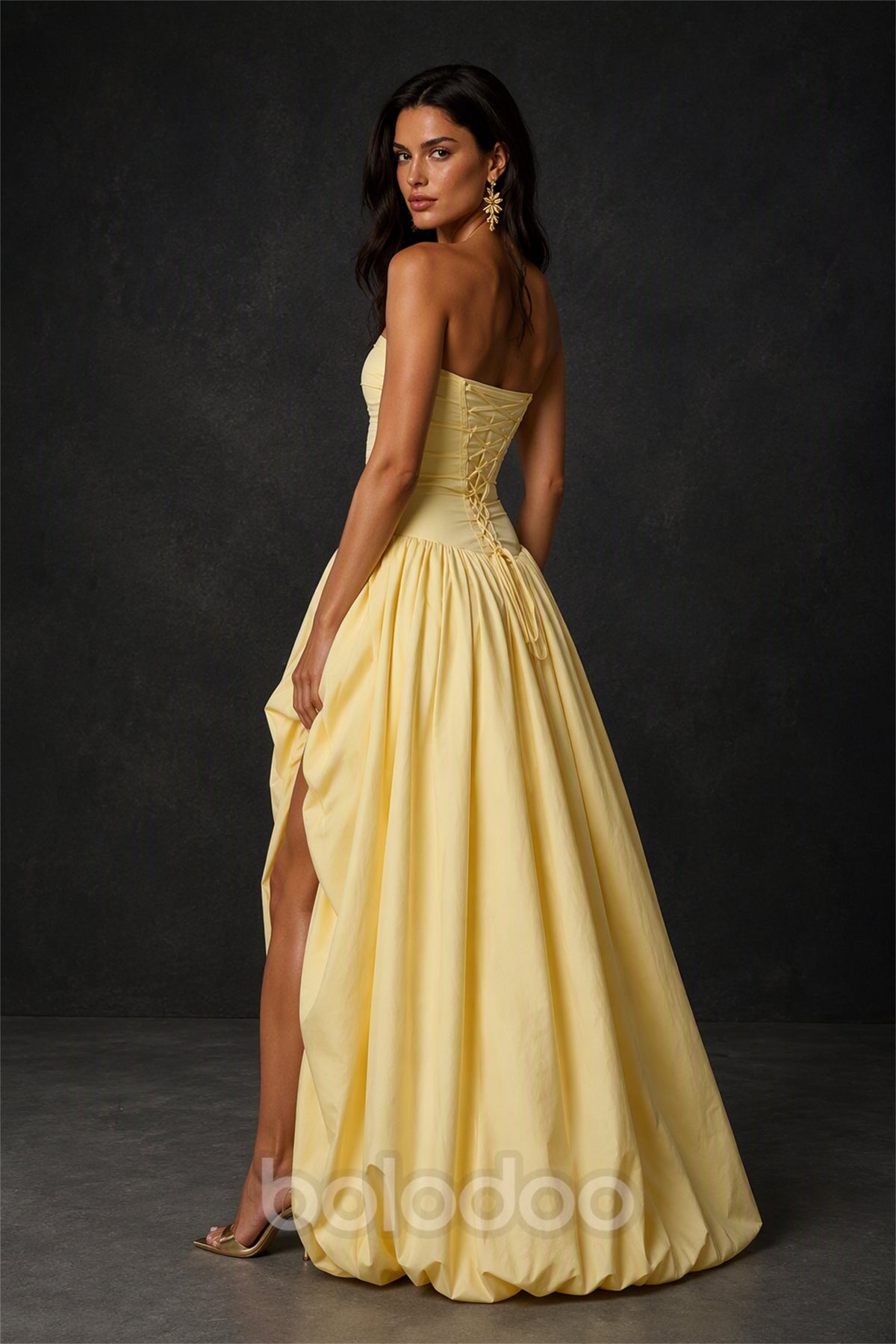 BOLODOO Yellow Strapless Ruched Corset Bubble Skirt High Slit Taffeta Maxi Dress - Back Lace-Up Corset View | BOLODOO watermark